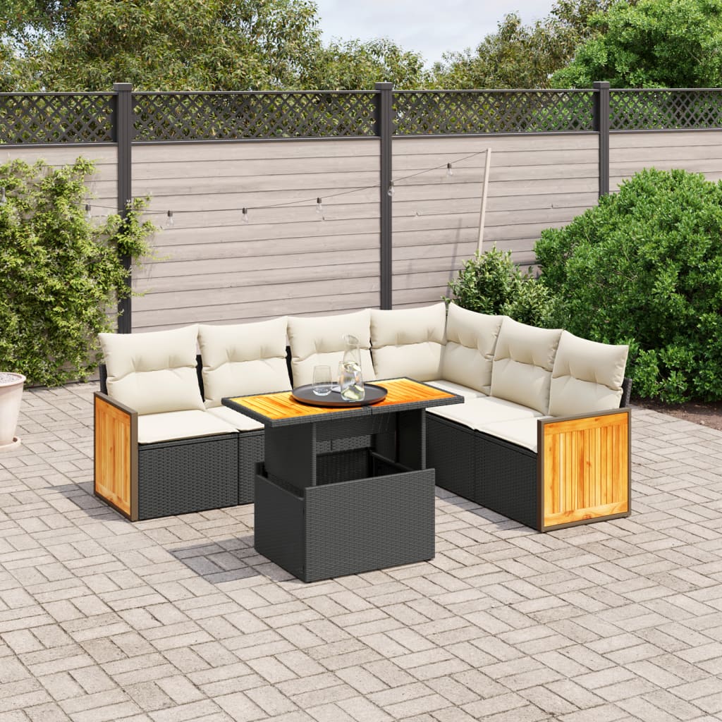 7 Pcs conjunto de sofás p/ jardim c/ almofadões vime PE preto