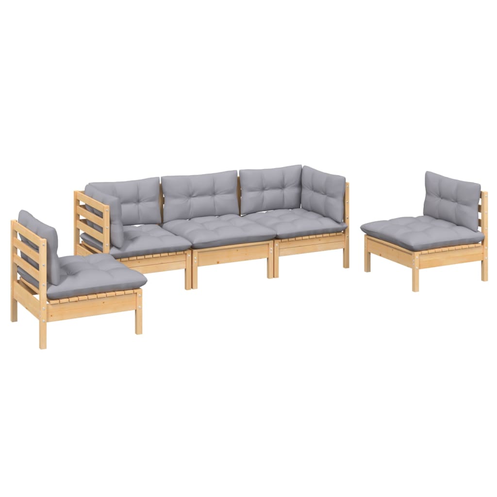 5 Pcs conjunto lounge de jardim + almofadões cinza pinho maciço