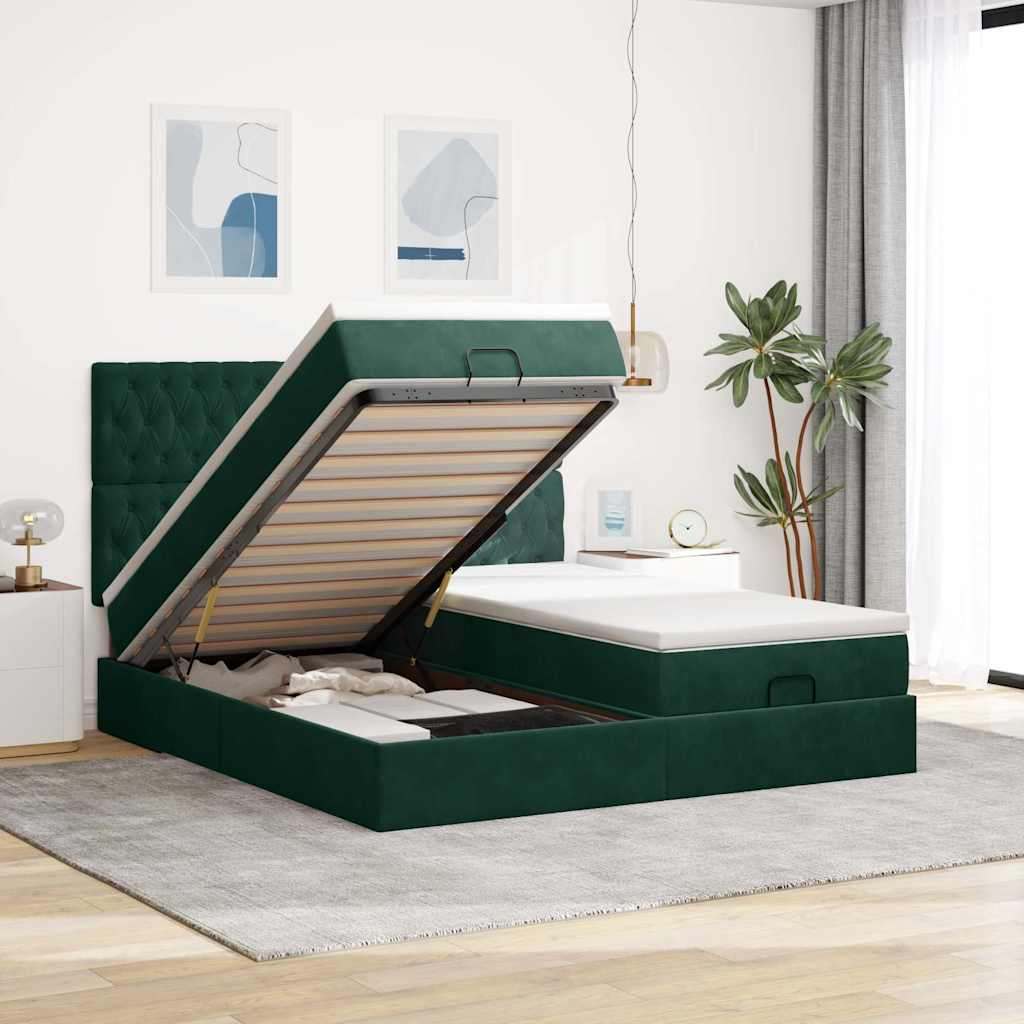 Estrutura de cama otomana com colchão verde escuro veludo