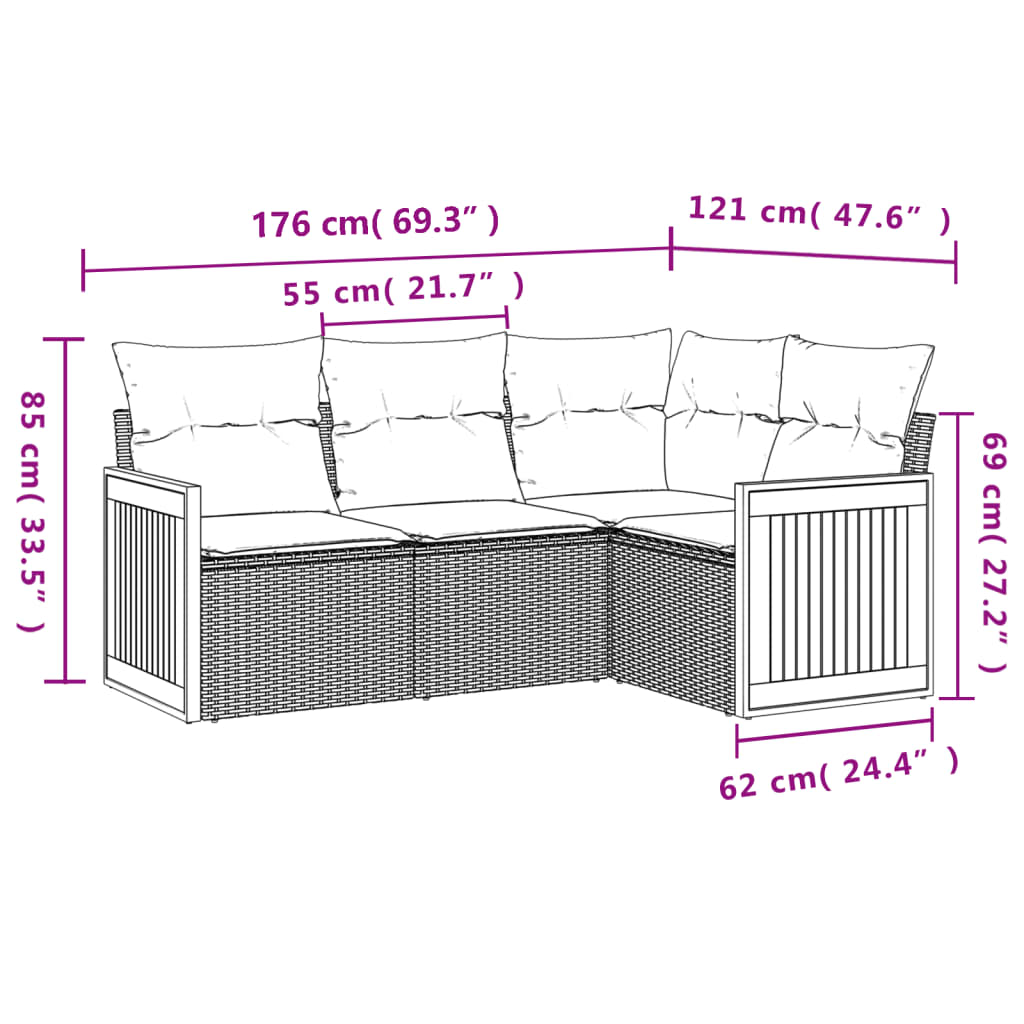 5 Pcs conjunto sofás de jardim com almofadões vime PE preto