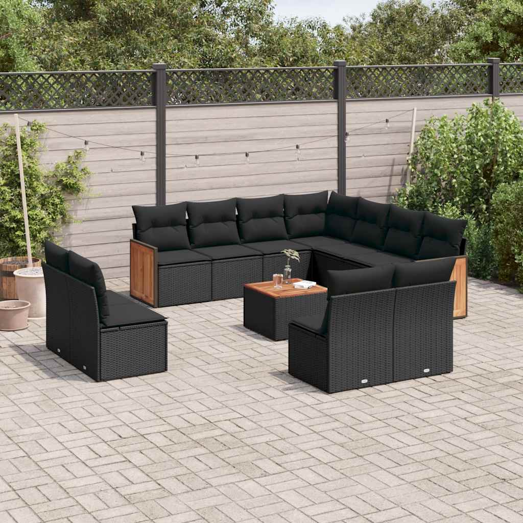 12 Pcs conjunto de sofás de jardim c/ almofadões vime PE preto