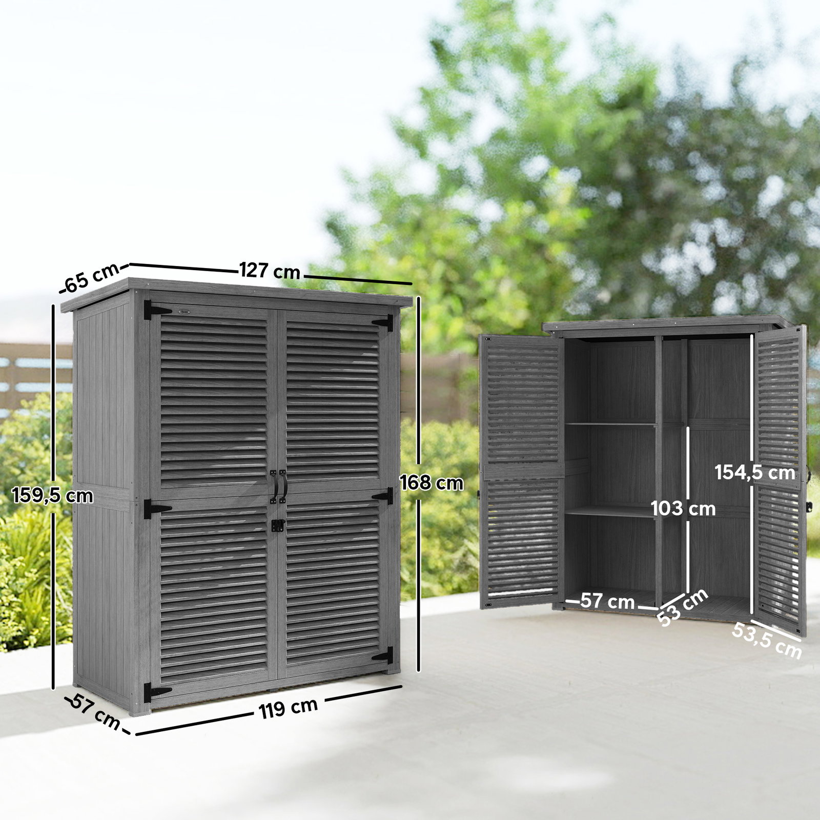 Armário de jardim 0,83 m² 127x65x168 cm com 2 portas de persiana 2 estantes e telhado impermeável, cinzento