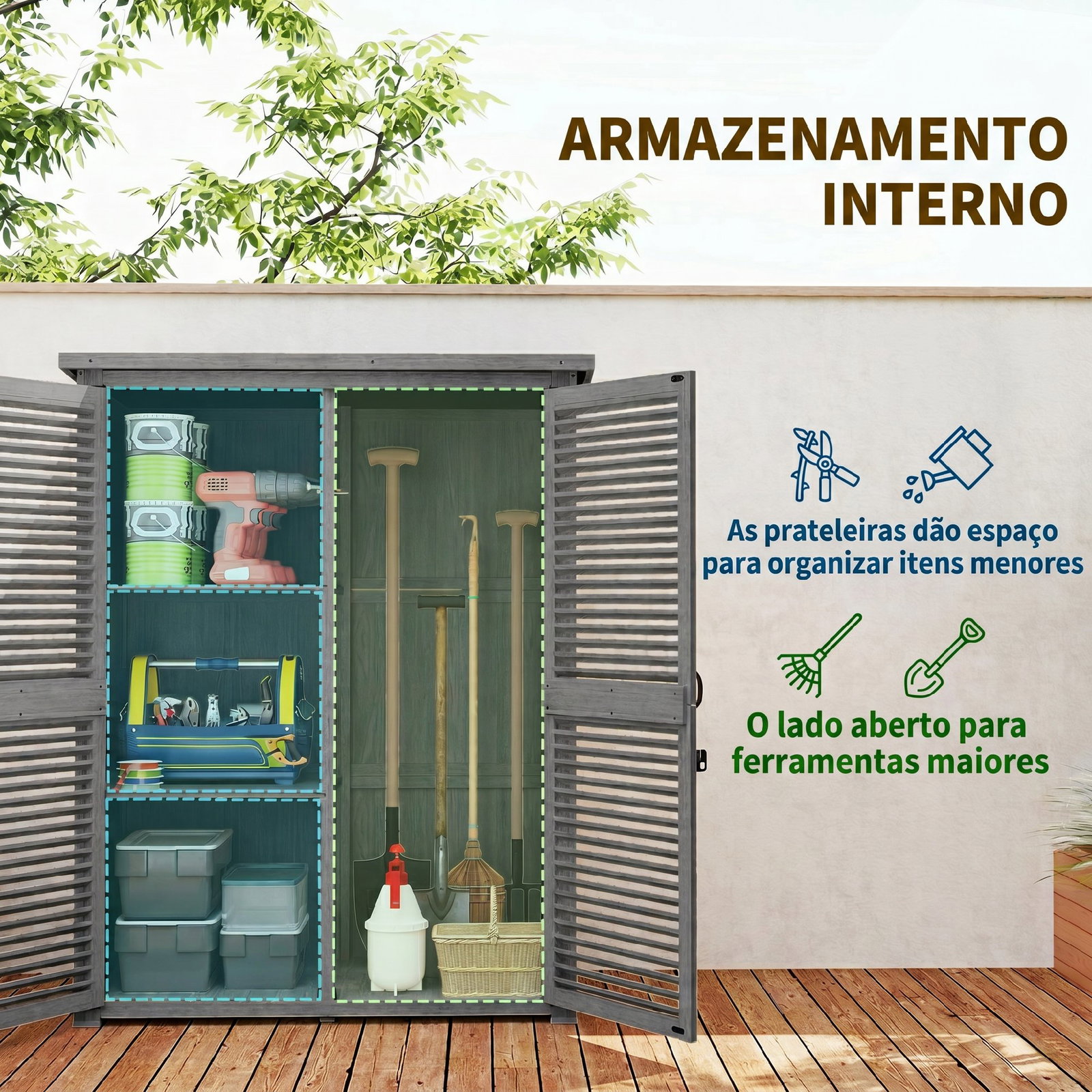 Armário de jardim 0,83 m² 127x65x168 cm com 2 portas de persiana 2 estantes e telhado impermeável, cinzento