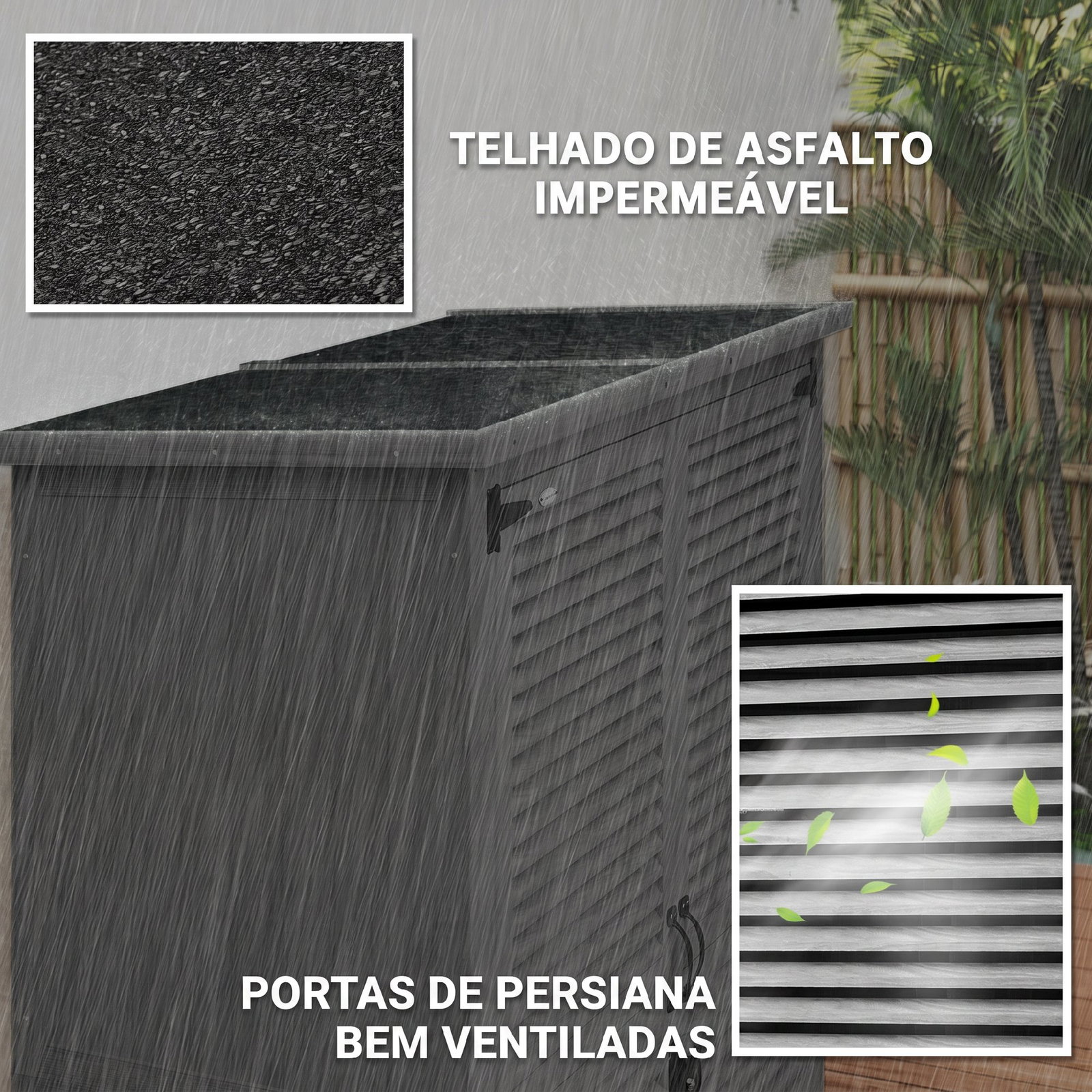 Armário de jardim 0,83 m² 127x65x168 cm com 2 portas de persiana 2 estantes e telhado impermeável, cinzento