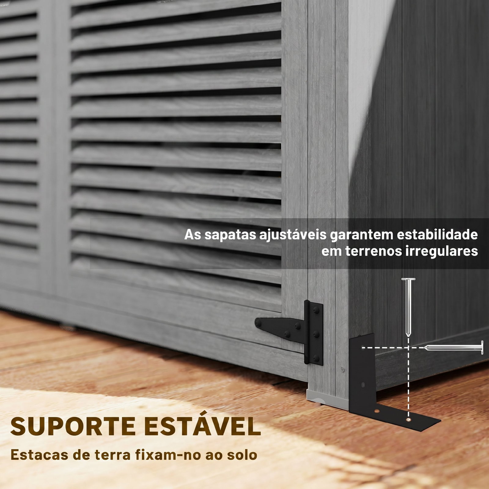 Armário de jardim 0,83 m² 127x65x168 cm com 2 portas de persiana 2 estantes e telhado impermeável, cinzento