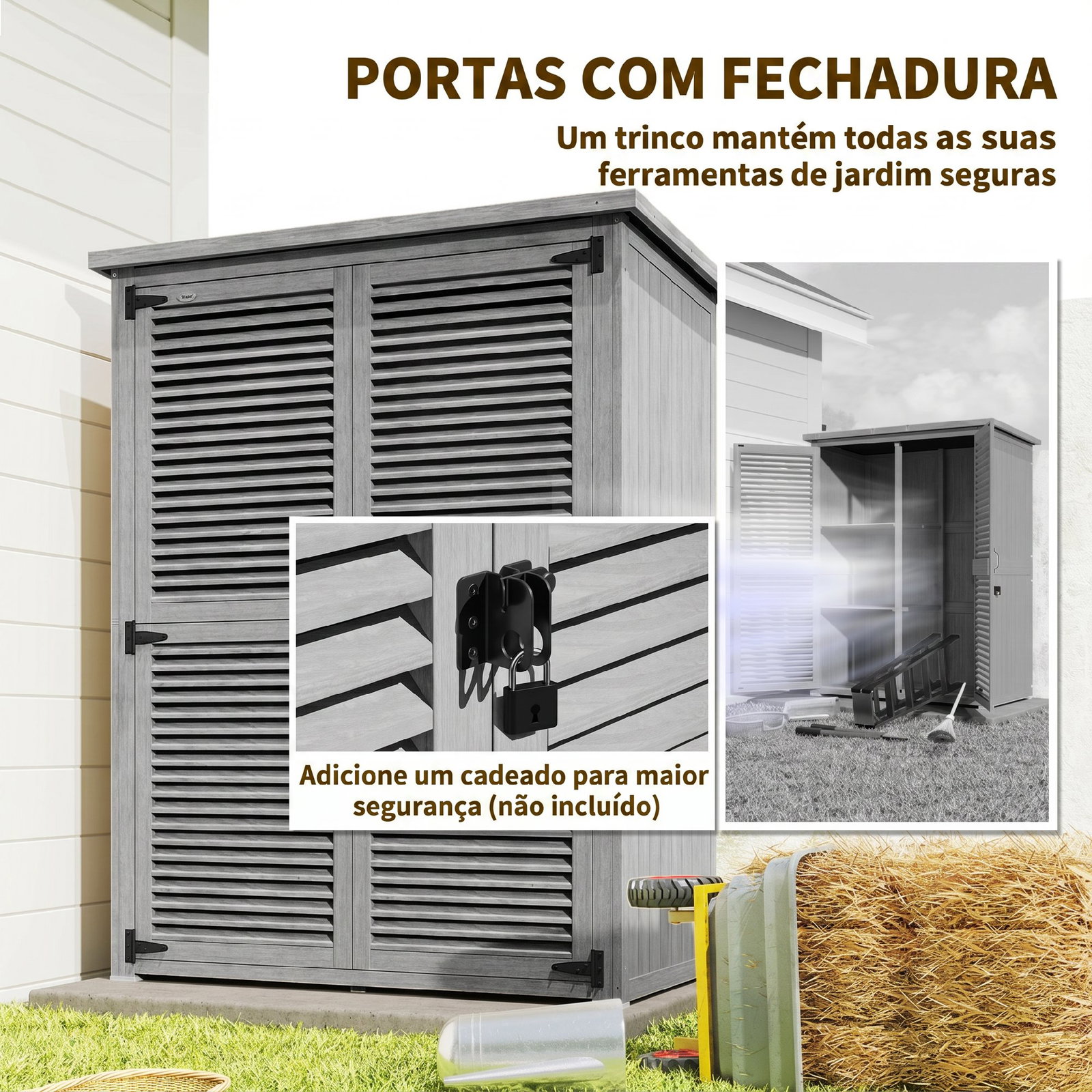 Armário de jardim 0,83 m² 127x65x168 cm com 2 portas de persiana 2 estantes e telhado impermeável, cinzento
