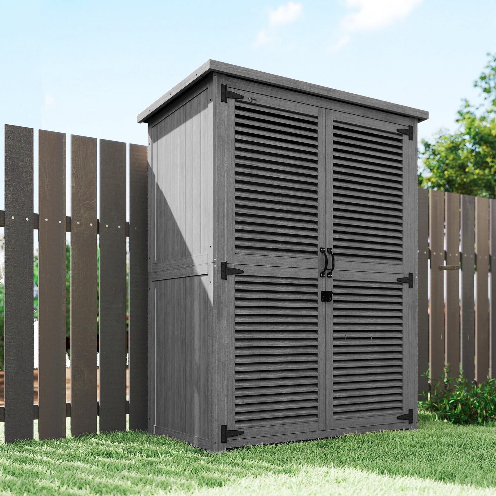 Armário de jardim 0,83 m² 127x65x168 cm com 2 portas de persiana 2 estantes e telhado impermeável, cinzento