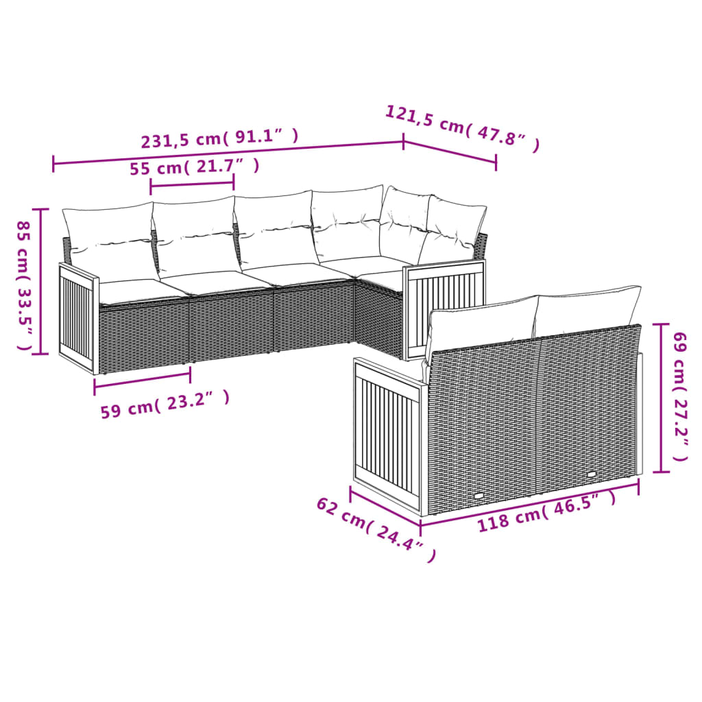 7 Pcs conjunto de sofás p/ jardim com almofadões vime PE bege