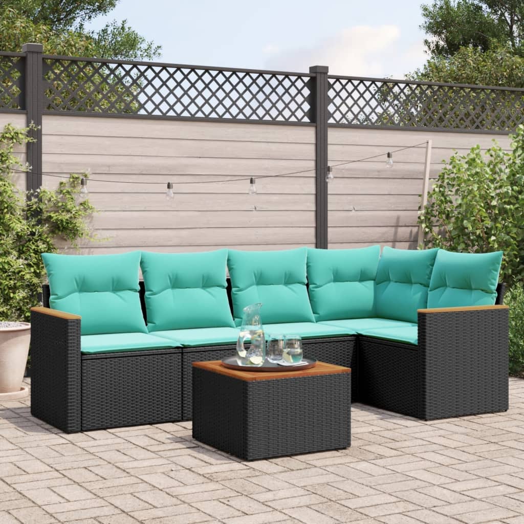 Conjunto de sofá de jardim com 6 peças e almofadas em rattan sintético preto