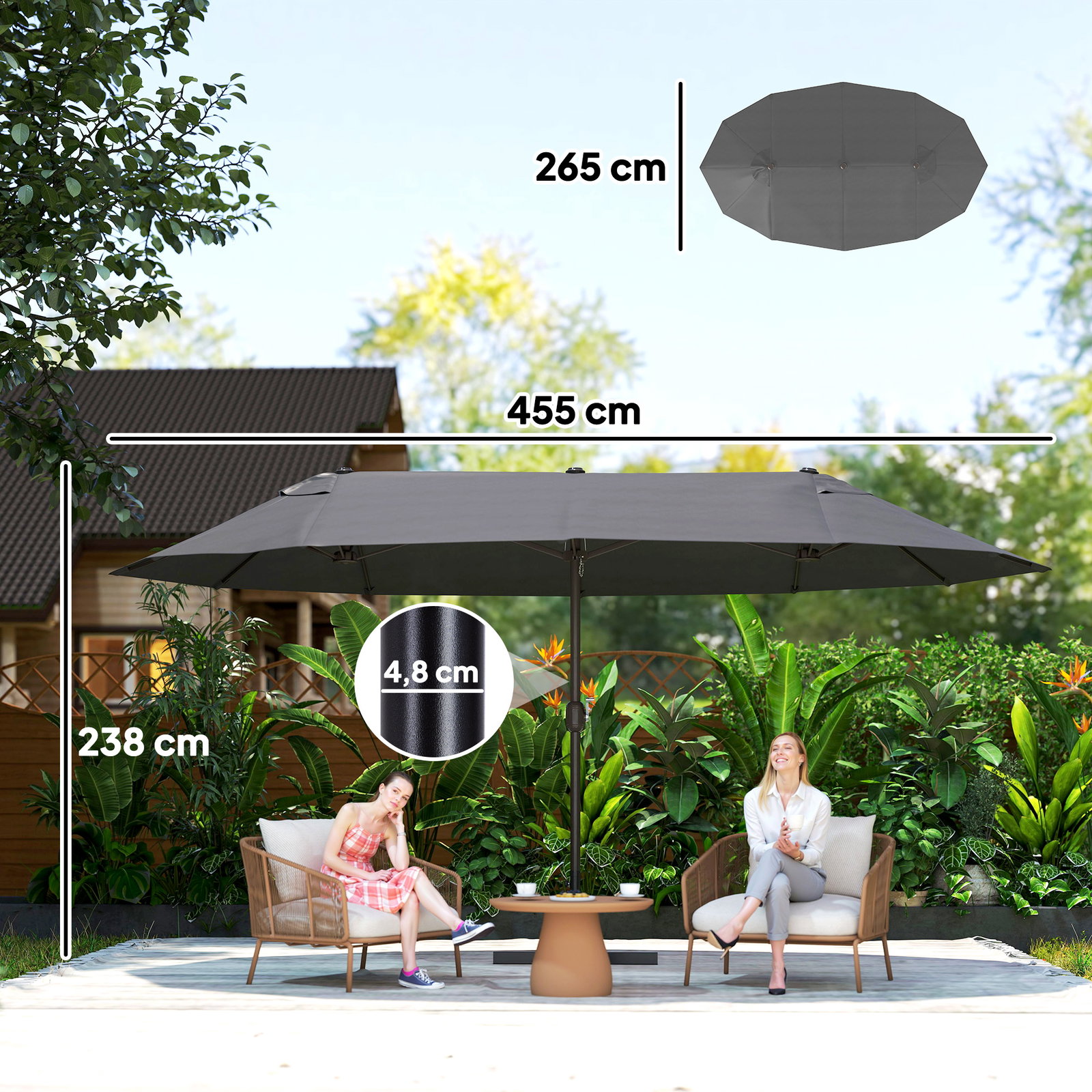Chapéu de sol duplo 4,55x2,65x2,38 m chapéu de sol de jardim com manivela manual com proteção solar UV cinza