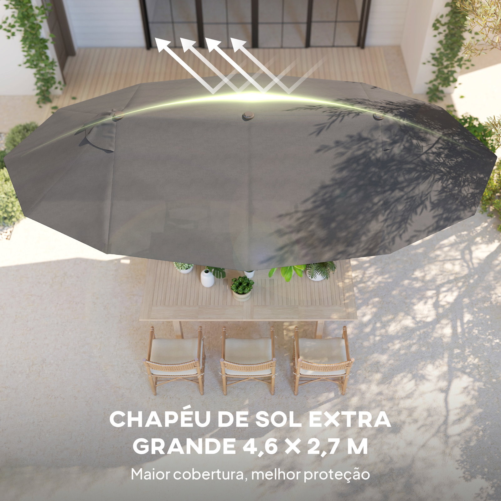Chapéu de sol duplo 4,55x2,65x2,38 m chapéu de sol de jardim com manivela manual com proteção solar UV cinza