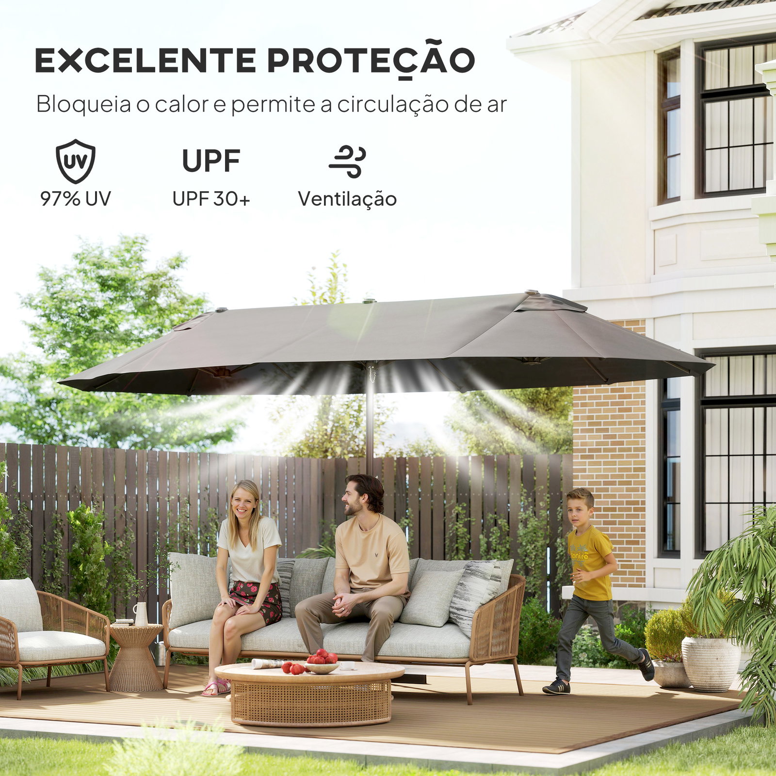 Chapéu de sol duplo 4,55x2,65x2,38 m chapéu de sol de jardim com manivela manual com proteção solar UV cinza