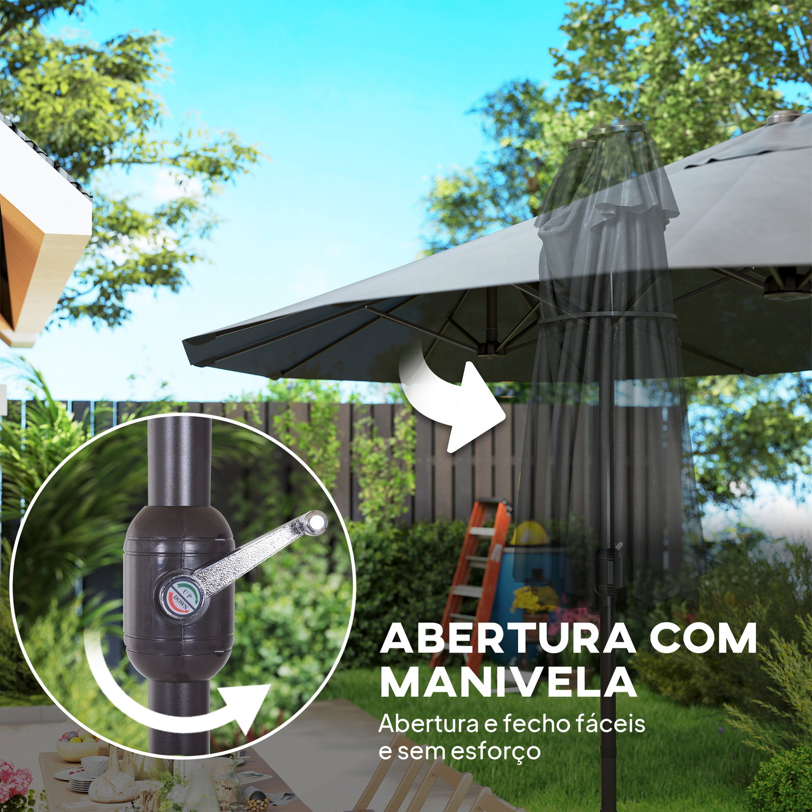 Chapéu de sol duplo 4,55x2,65x2,38 m chapéu de sol de jardim com manivela manual com proteção solar UV cinza