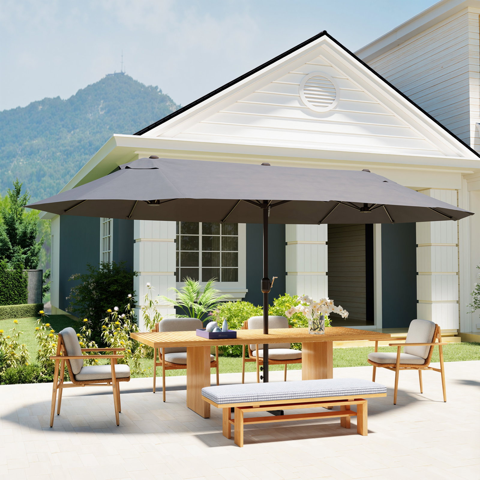 Chapéu de sol duplo 4,55x2,65x2,38 m chapéu de sol de jardim com manivela manual com proteção solar UV cinza
