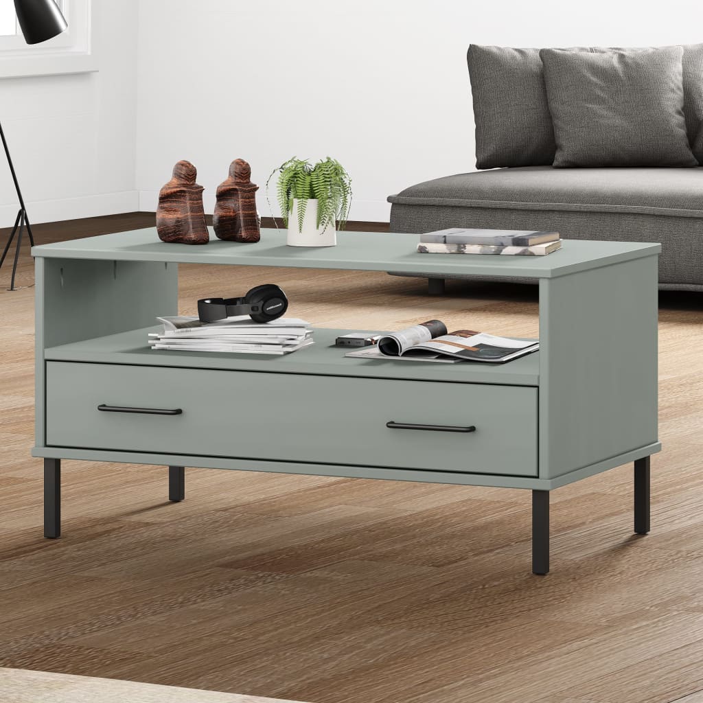 Mesa centro pernas de metal 85x50x45 madeira maciça oslo cinza