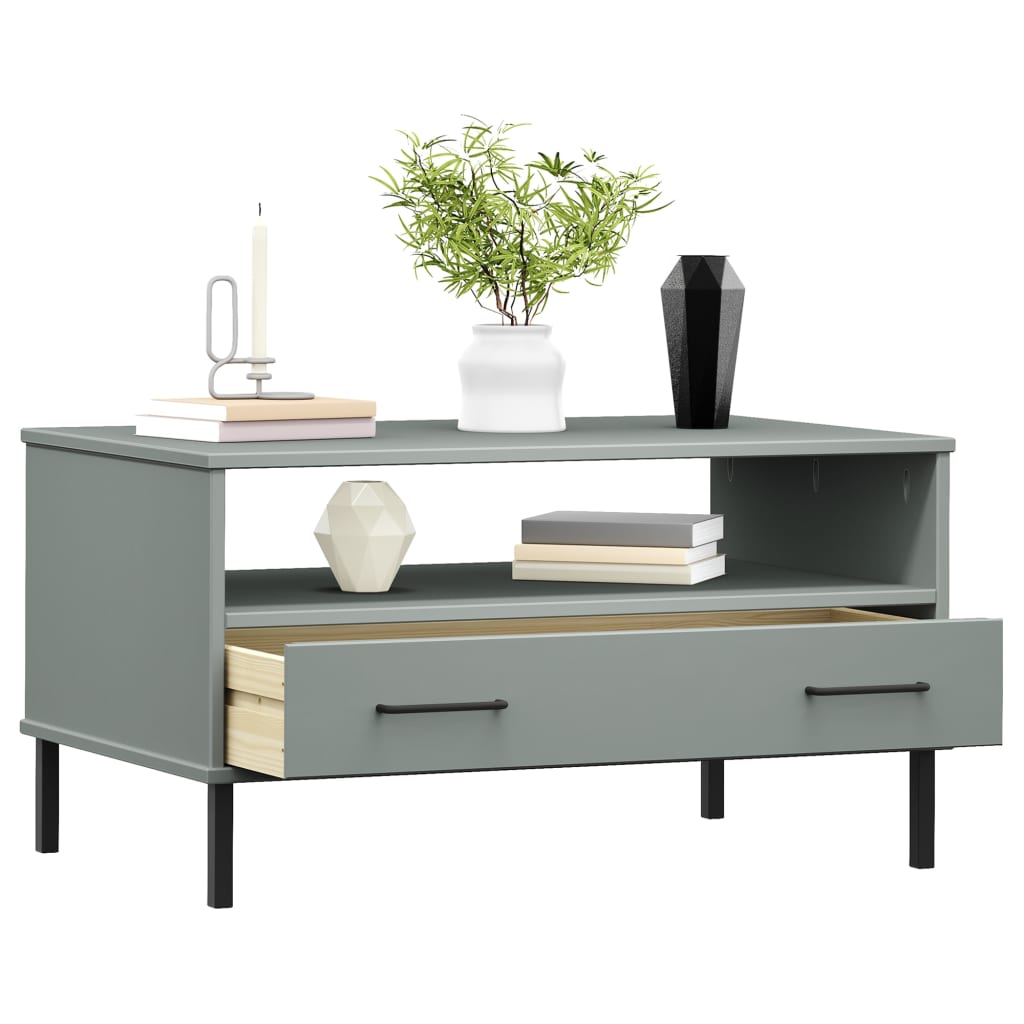 Mesa centro pernas de metal 85x50x45 madeira maciça oslo cinza