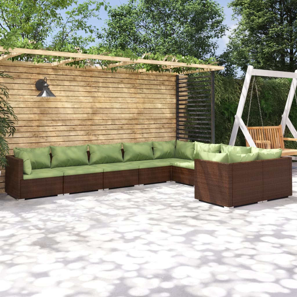 9 Pcs conjunto lounge de jardim c/ almofadões vime PE castanho