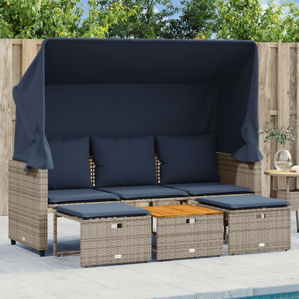 Sofá de jardim de 3 lugares com dossel e banquetas em rattan sintético cinza
