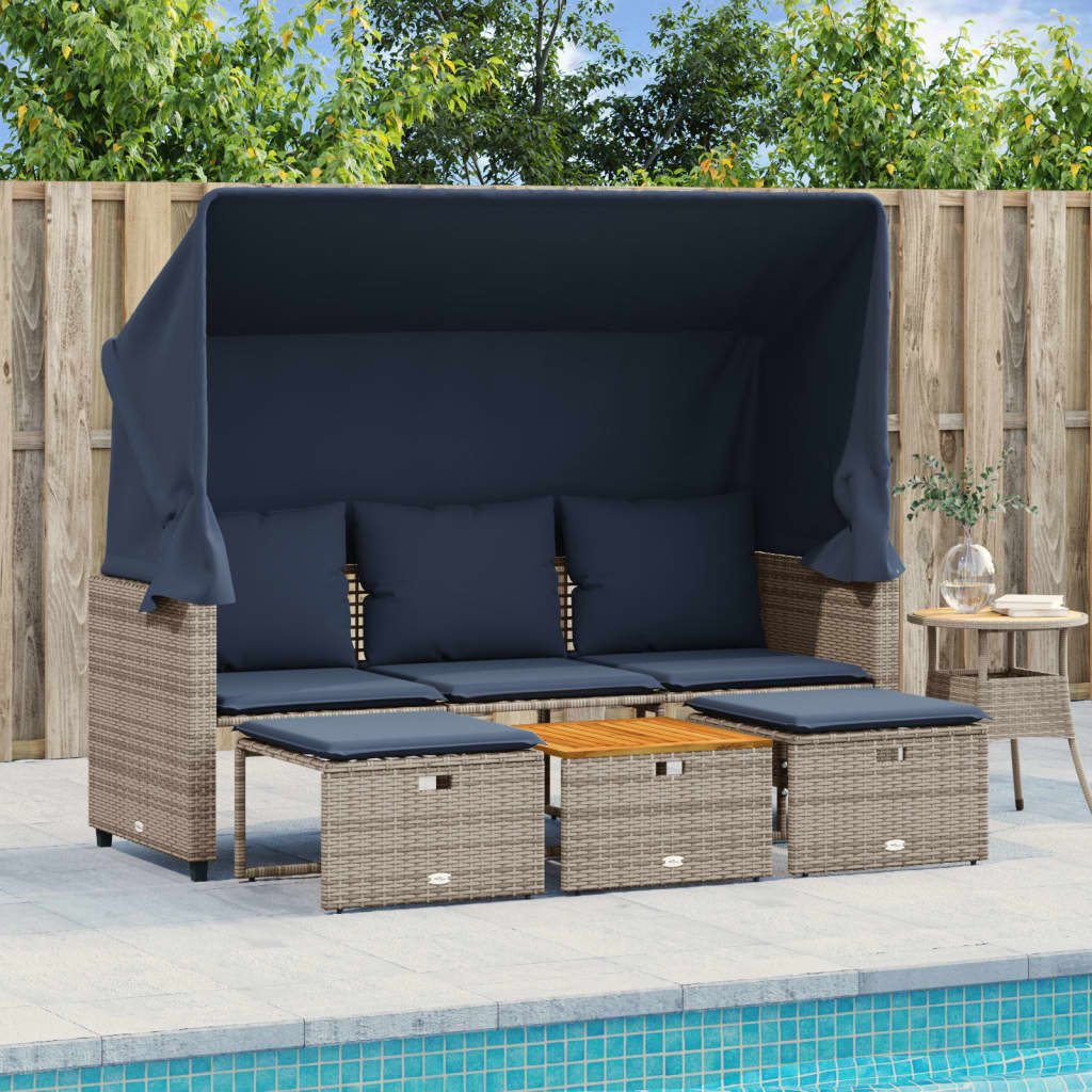 Sofá de jardim de 3 lugares com dossel e banquetas em rattan sintético cinza