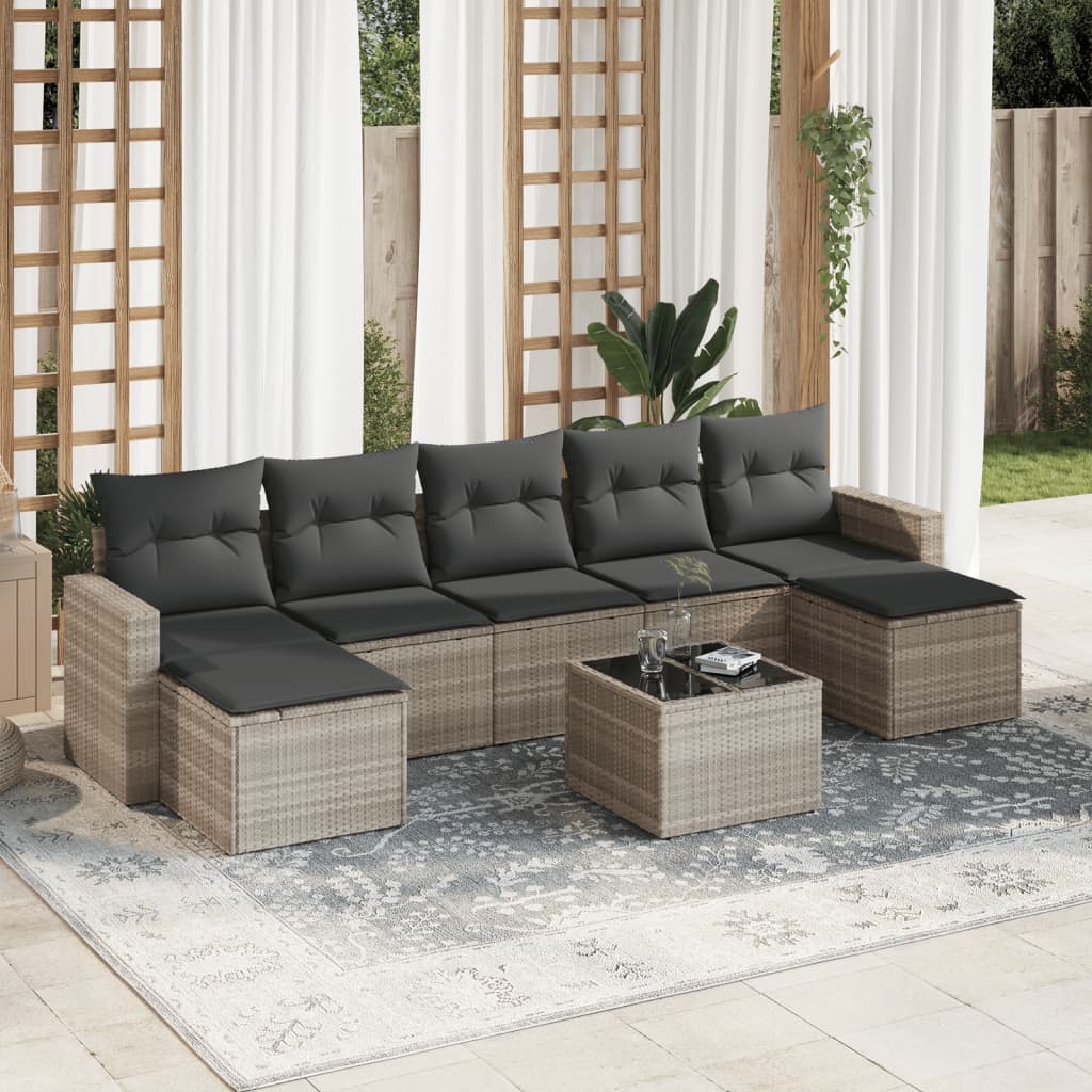 8 Pcs conj. sofás jardim c/ almofadões vime PE cinzento-claro