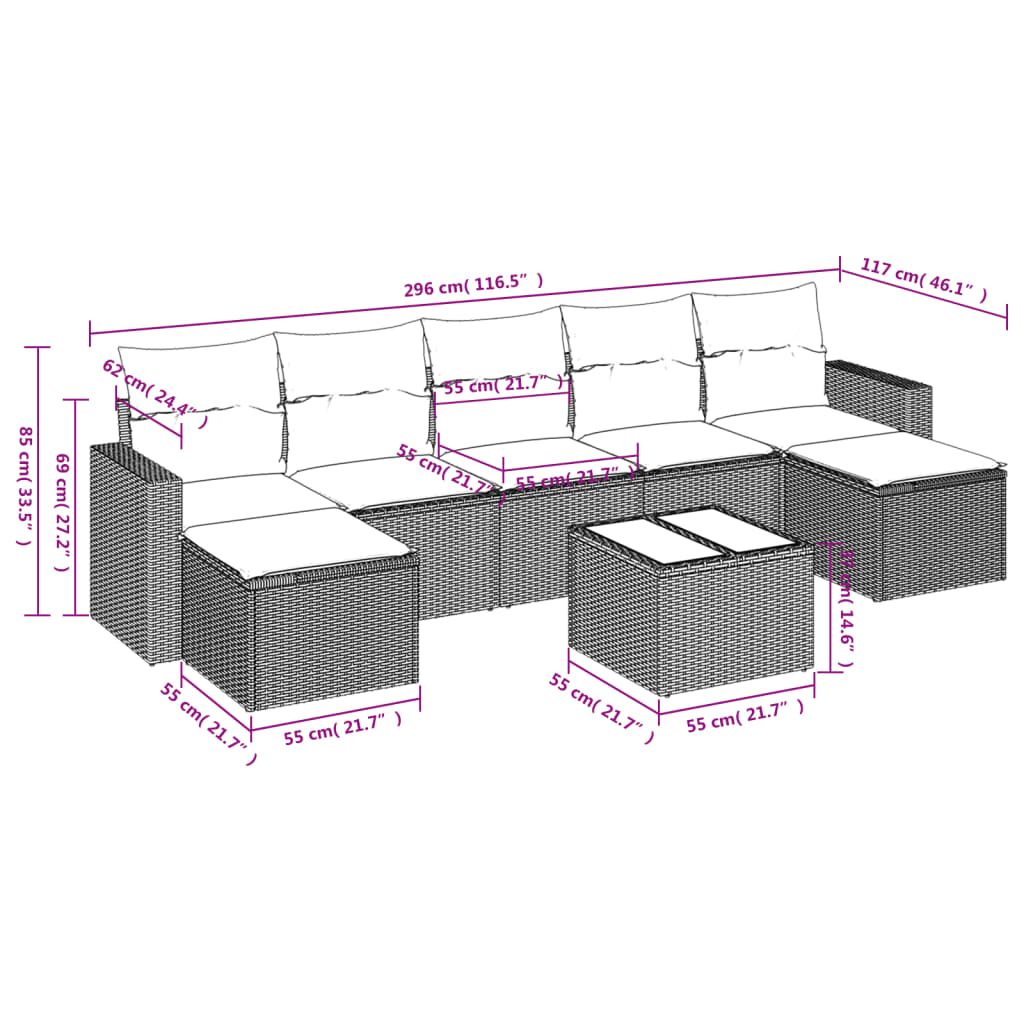 8 Pcs conj. sofás jardim c/ almofadões vime PE cinzento-claro
