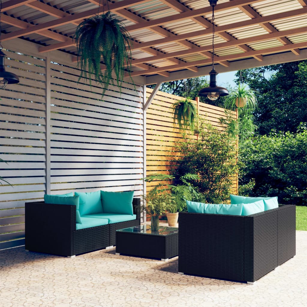 5 Pcs conjunto lounge de jardim c/ almofadões vime PE preto
