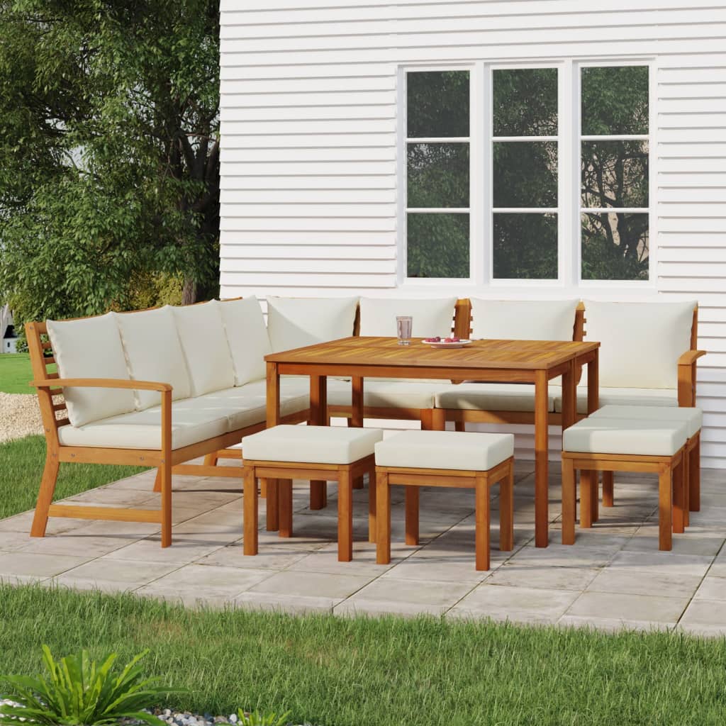 11 Pcs conjunto de jantar p/ jardim c/ almofadões acácia maciça