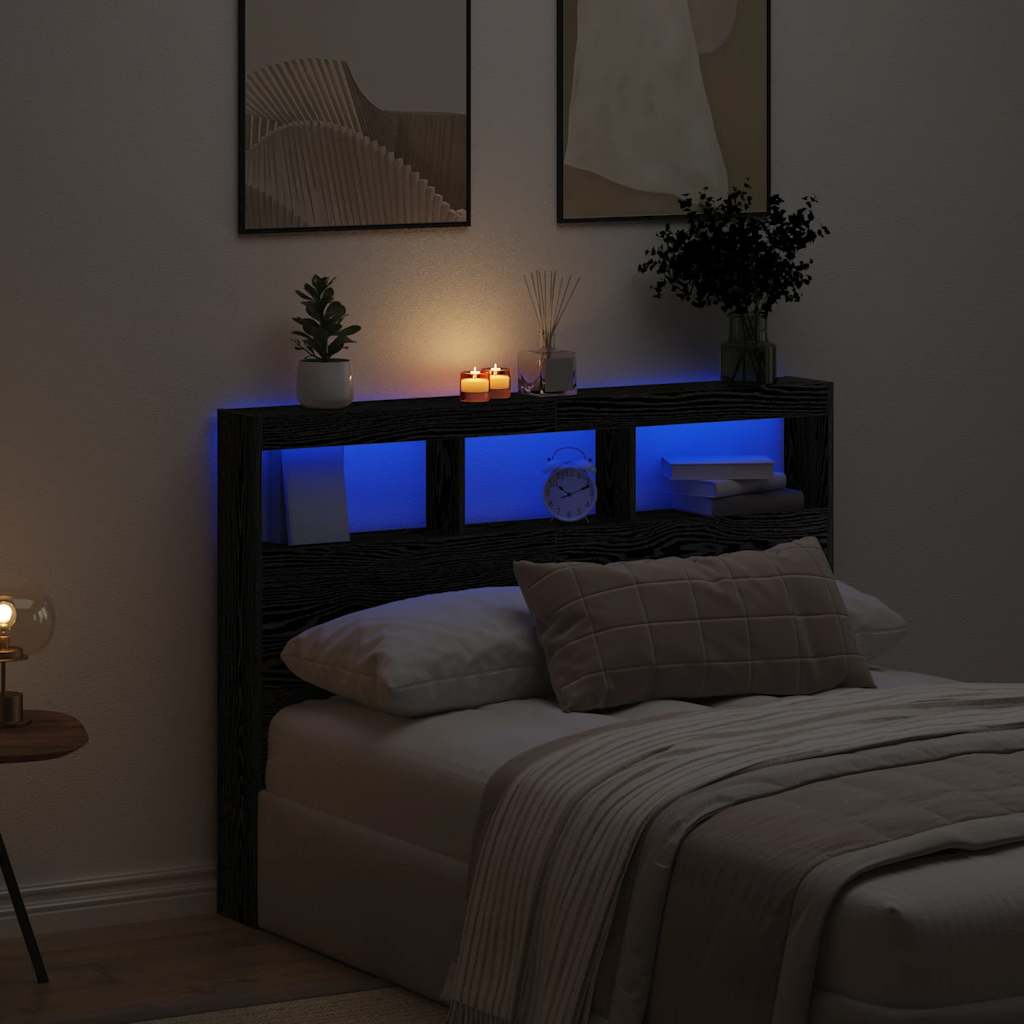 Armário cabeceira c/ luzes LED 140x17x102 cm carvalho preto