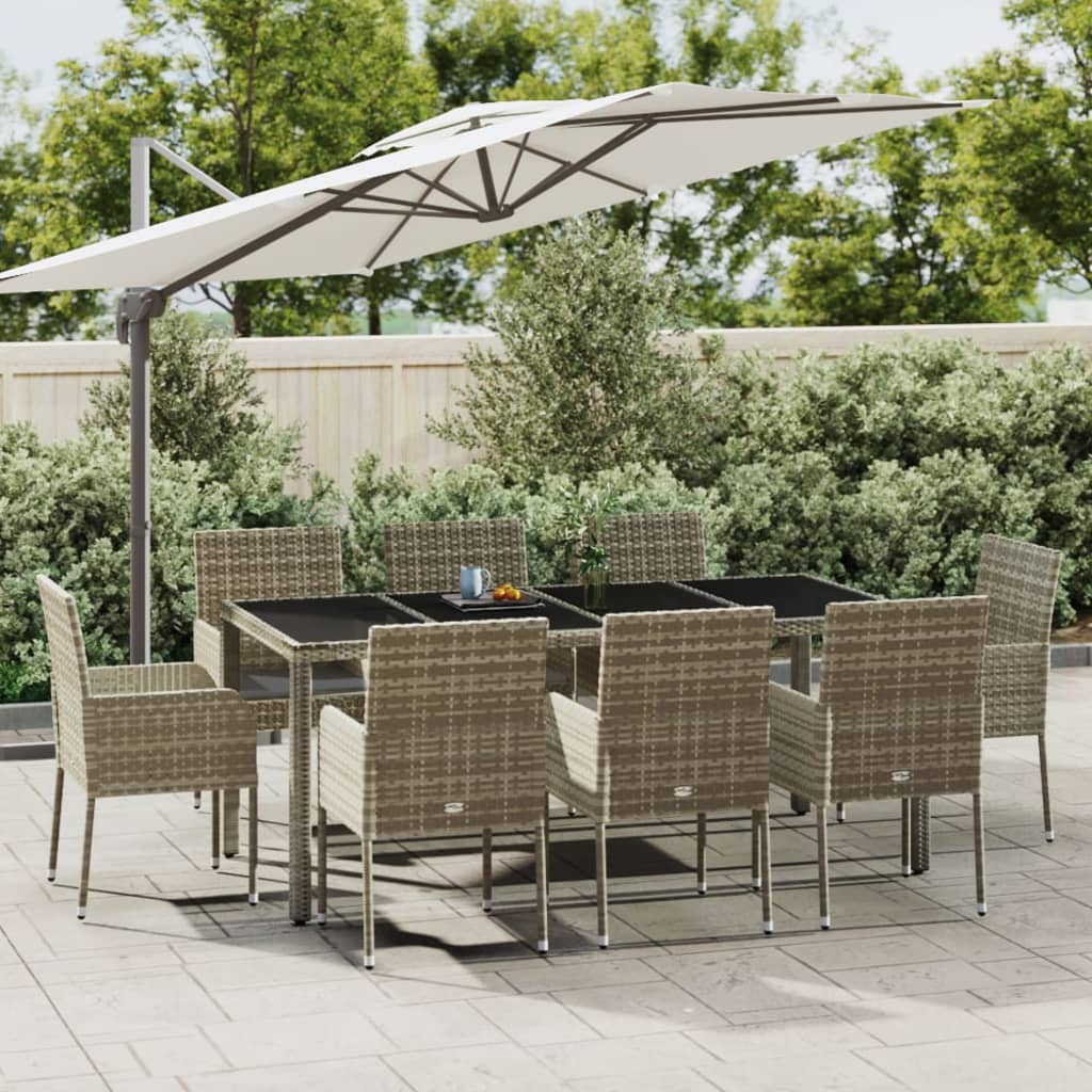 9 Pcs conjunto de jantar p/ jardim c/ almofadões vime PE cinza