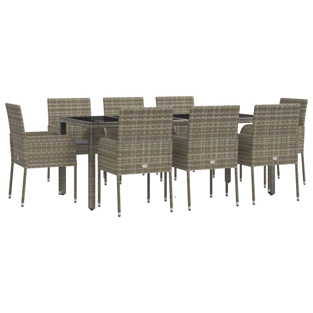 9 Pcs conjunto de jantar p/ jardim c/ almofadões vime PE cinza