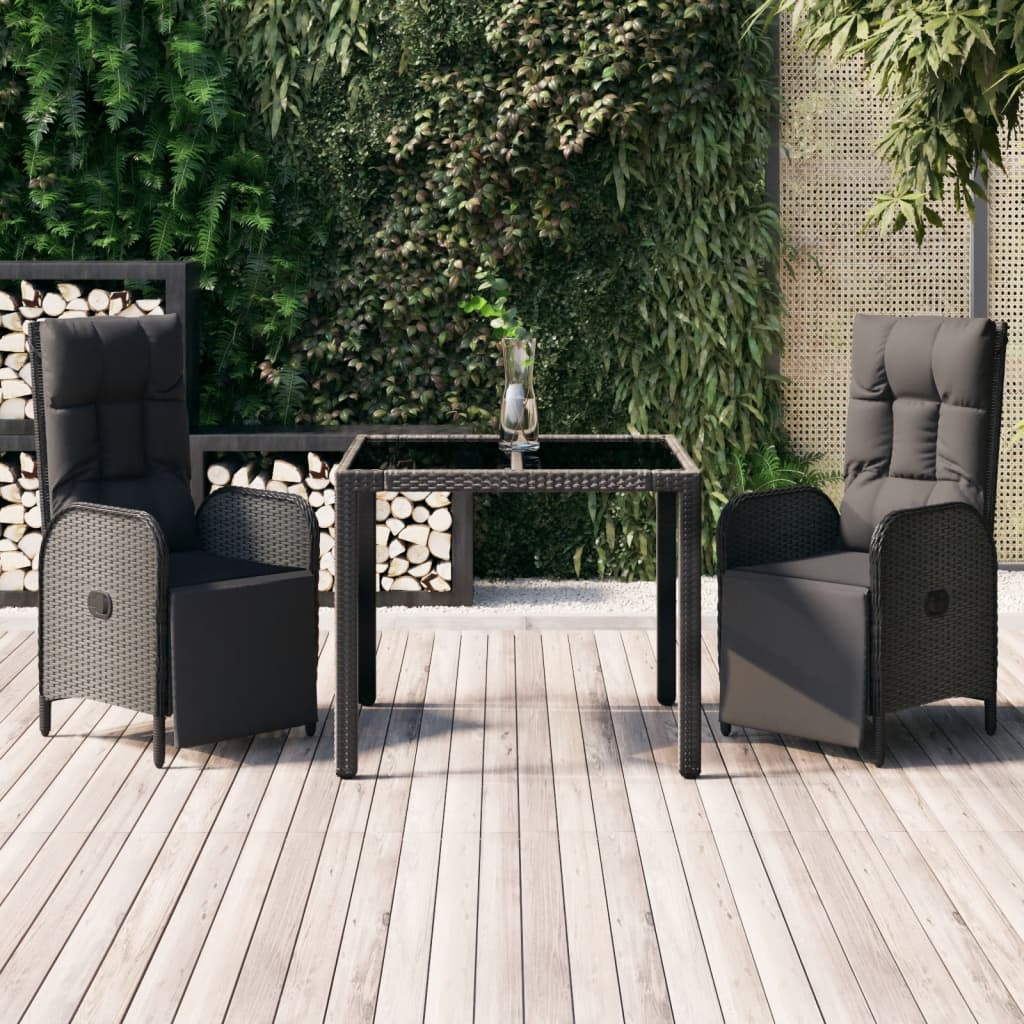 3 Pcs conjunto de jantar p/ jardim c/ almofadões vime PE preto