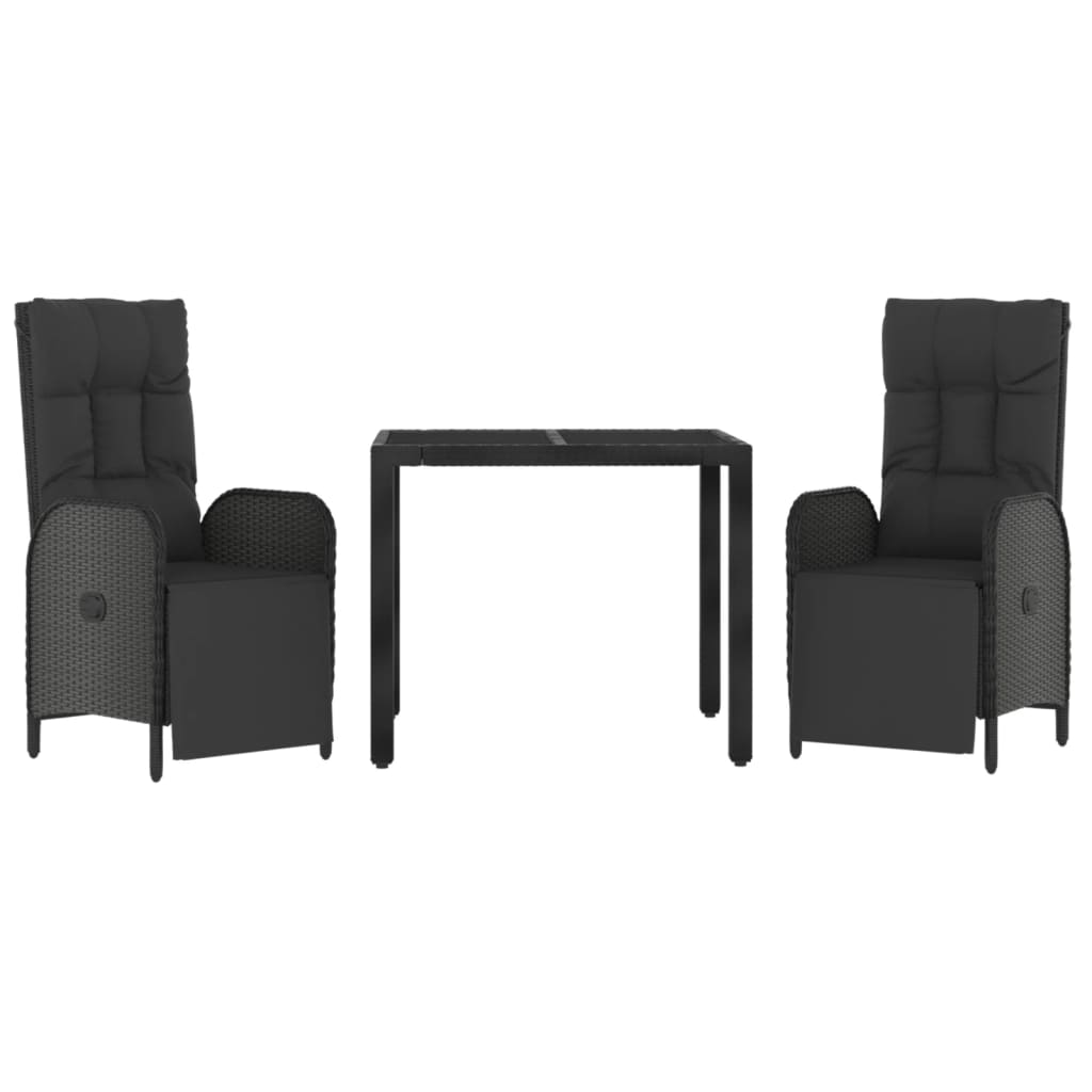 3 Pcs conjunto de jantar p/ jardim c/ almofadões vime PE preto
