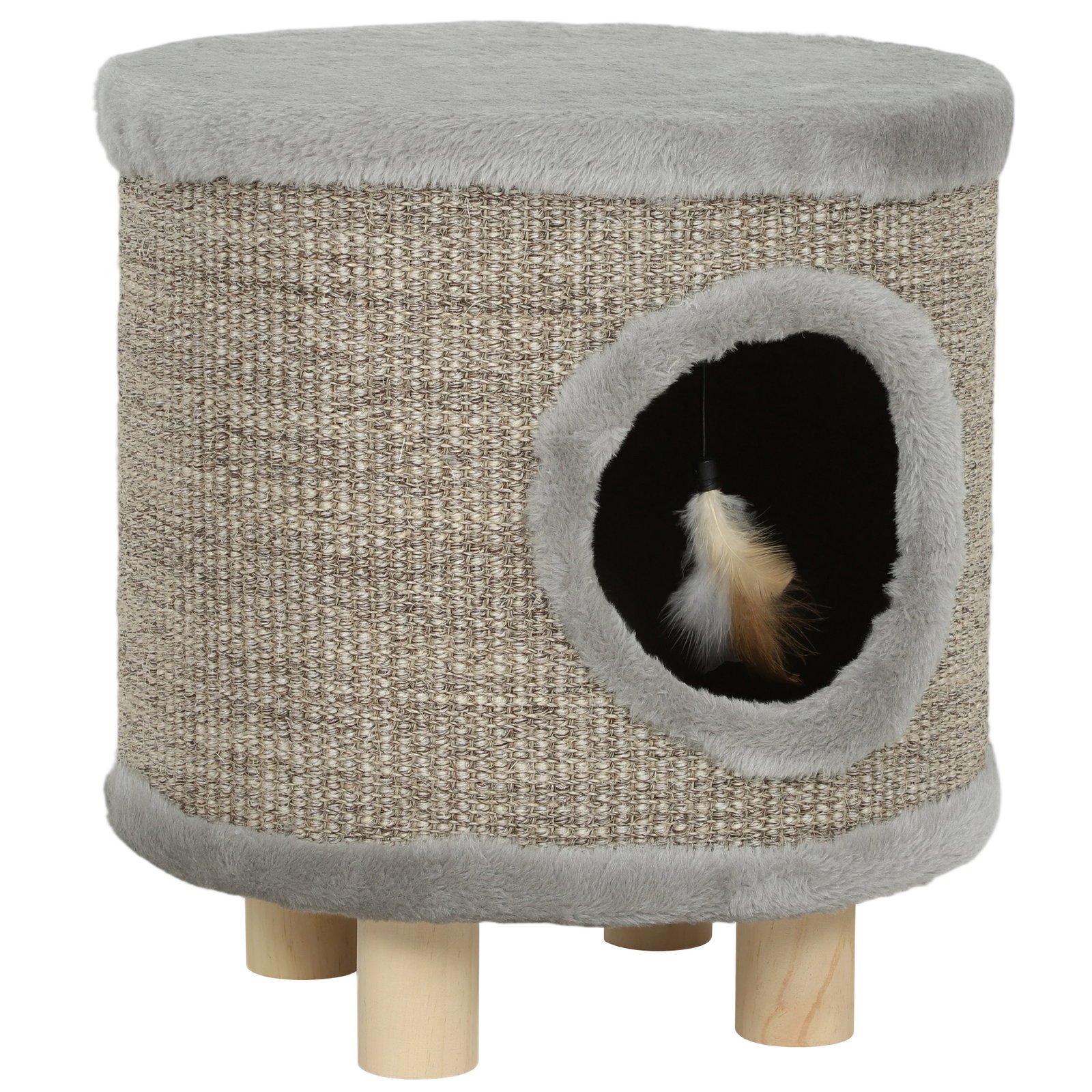 Casa para gatos 3 em 1 banco apoio para os pés e cama com arranhador e brinquedo pendurado 36x36x38 cm cinzento