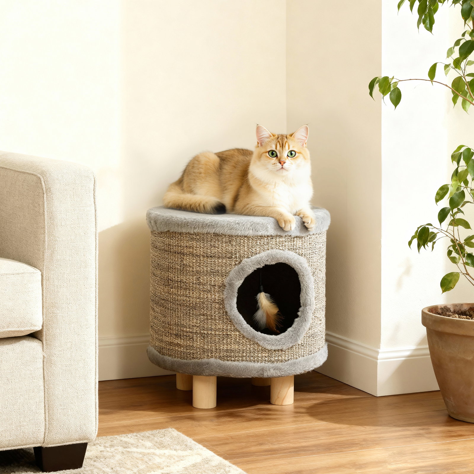 Casa para gatos 3 em 1 banco apoio para os pés e cama com arranhador e brinquedo pendurado 36x36x38 cm cinzento