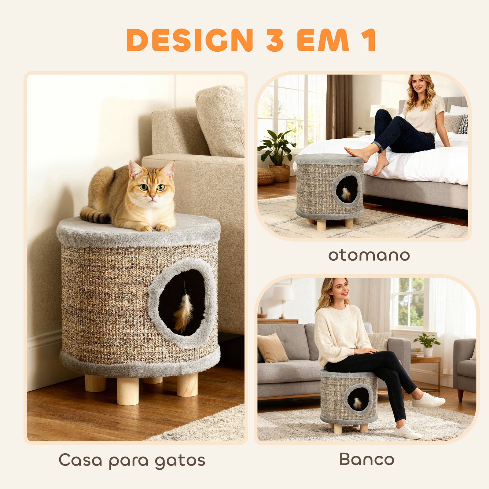 Casa para gatos 3 em 1 banco apoio para os pés e cama com arranhador e brinquedo pendurado 36x36x38 cm cinzento