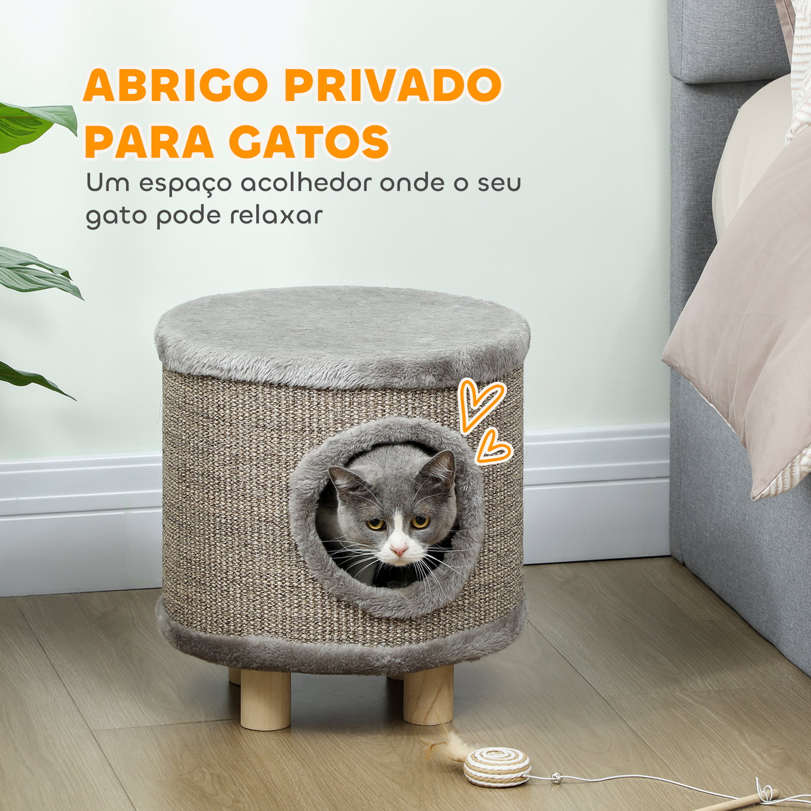 Casa para gatos 3 em 1 banco apoio para os pés e cama com arranhador e brinquedo pendurado 36x36x38 cm cinzento