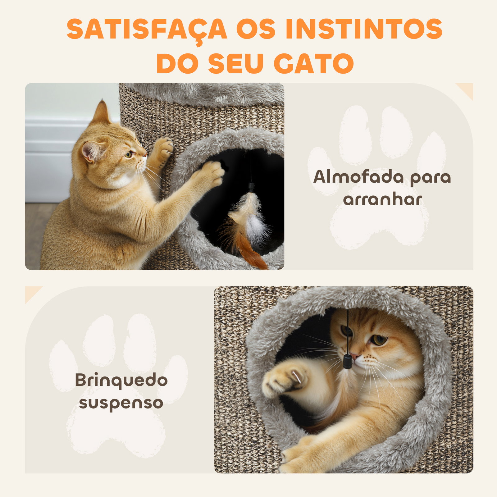 Casa para gatos 3 em 1 banco apoio para os pés e cama com arranhador e brinquedo pendurado 36x36x38 cm cinzento