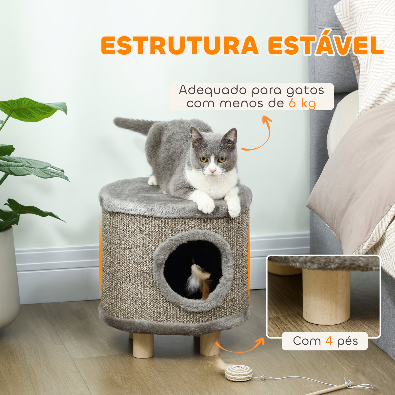 Casa para gatos 3 em 1 banco apoio para os pés e cama com arranhador e brinquedo pendurado 36x36x38 cm cinzento