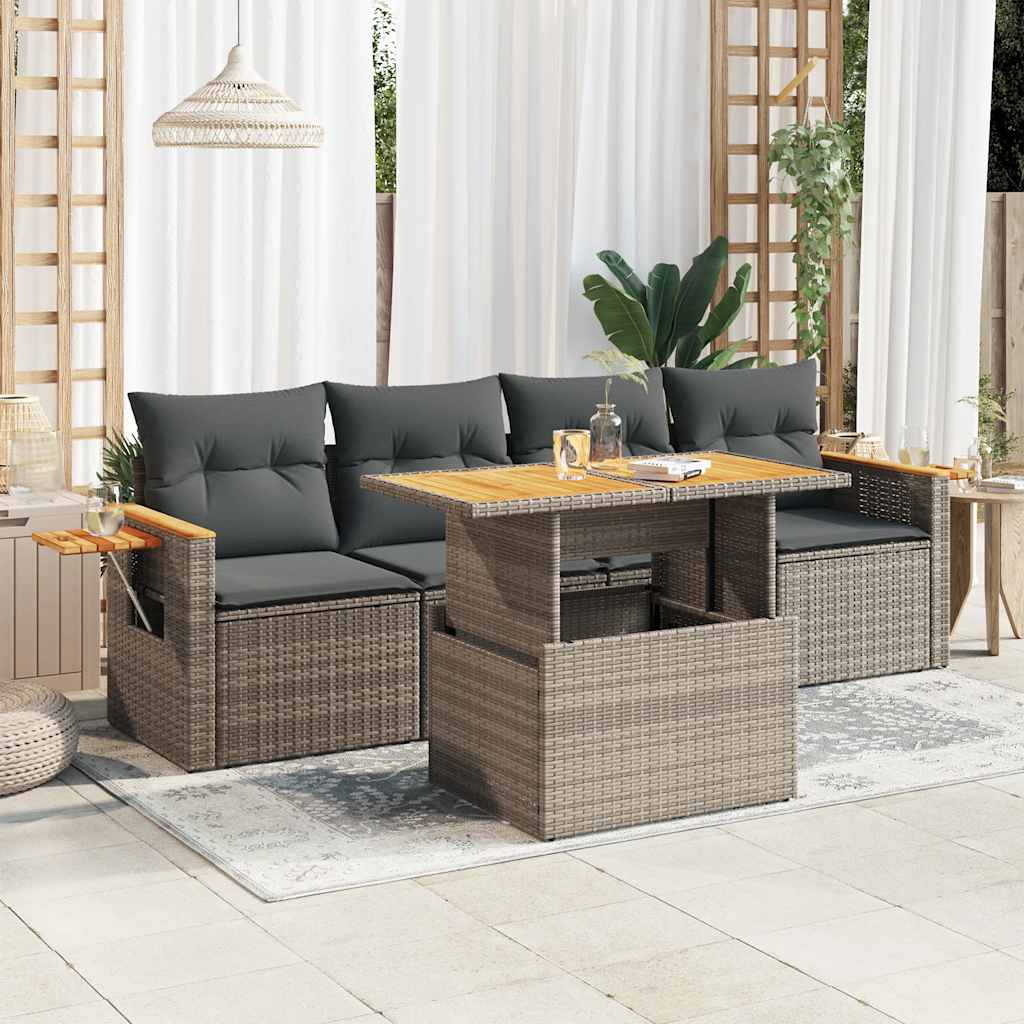 5 Pcs conjunto sofás de jardim c/ almofadões acácia e vime PE