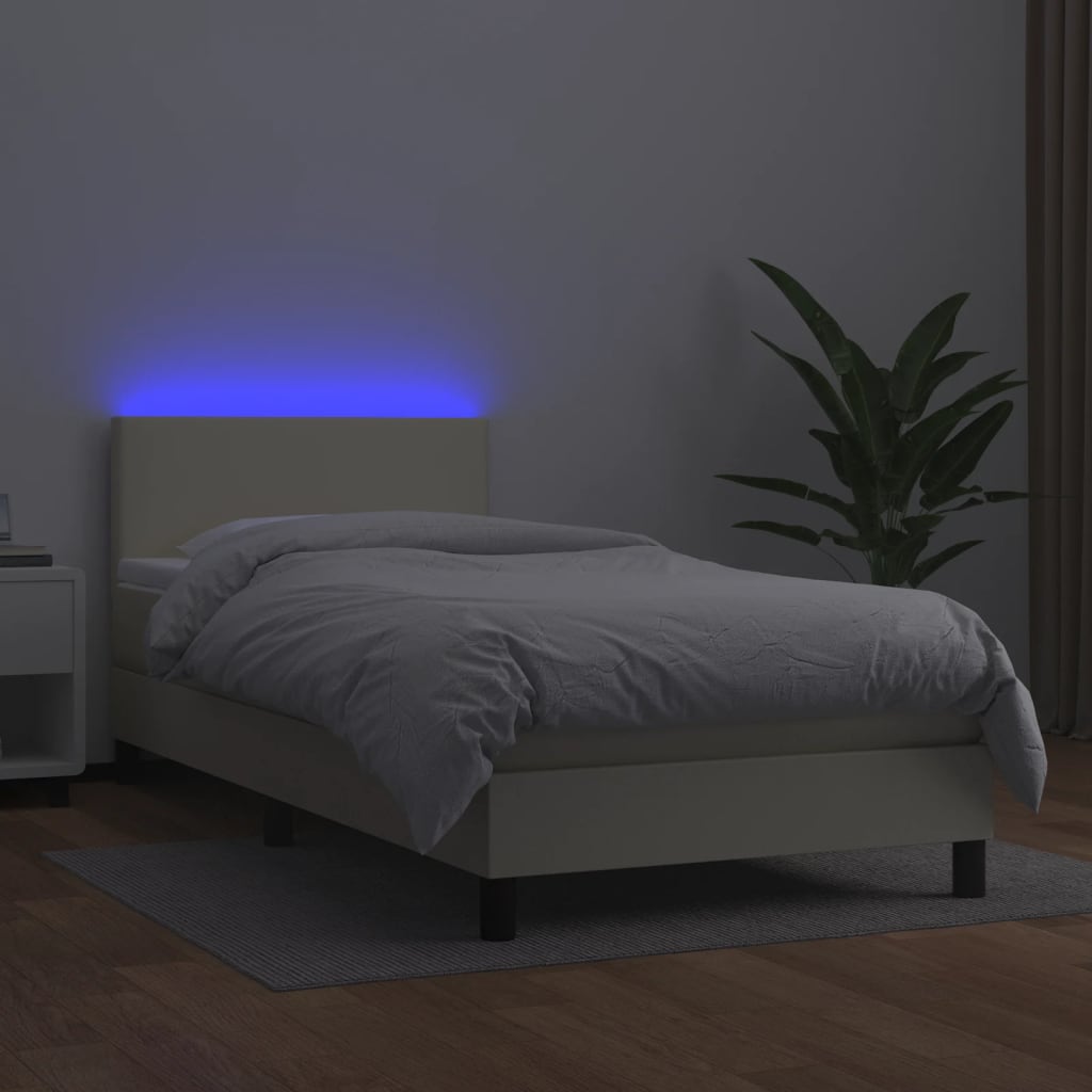Cama box spring c/ colchão/LED 80x200 cm couro artificial creme