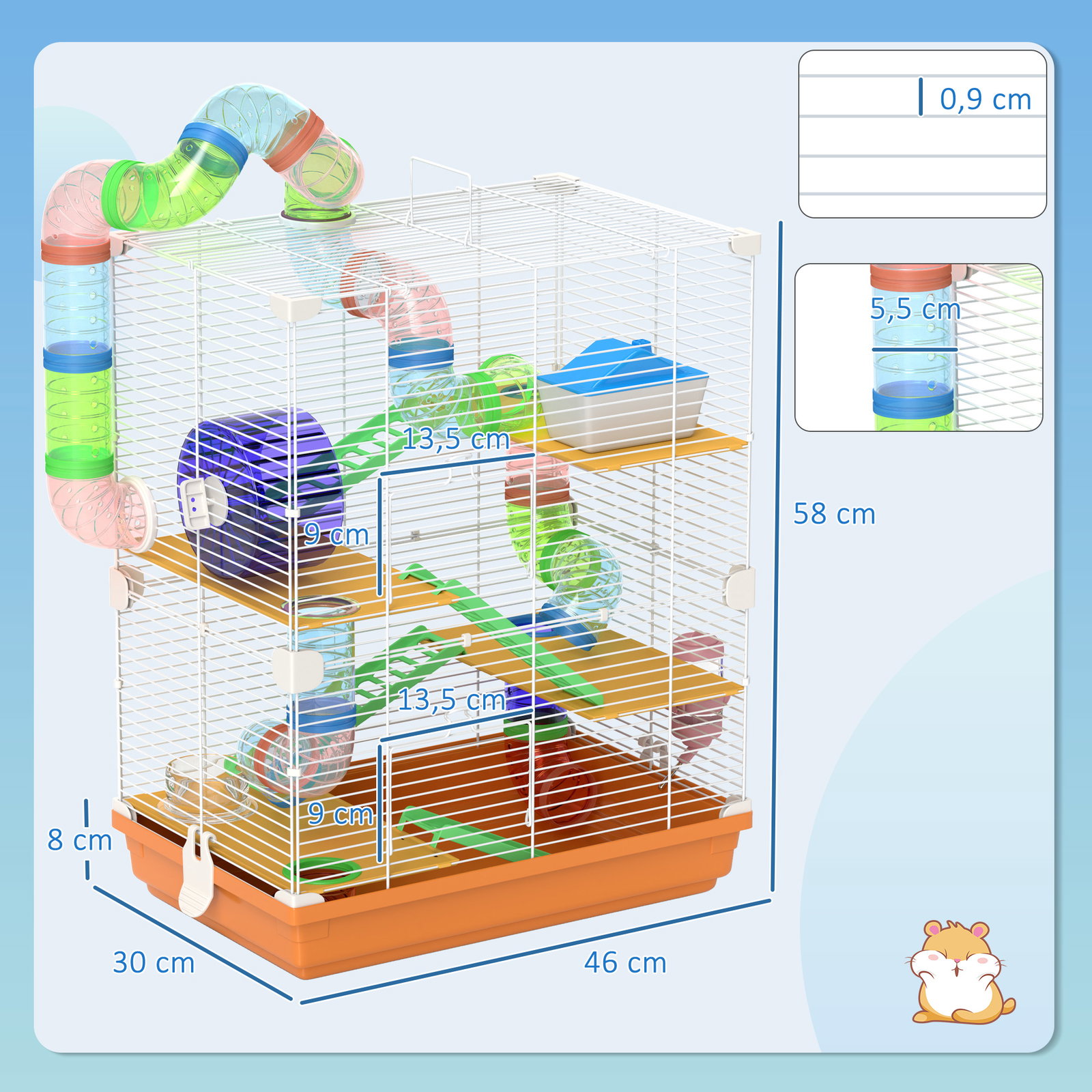 Gaiola para hamster gaiola para pequenos roedores com túnel comedouro bebedouro casa rampas e roda de exercício 46x30x58 cm laranja