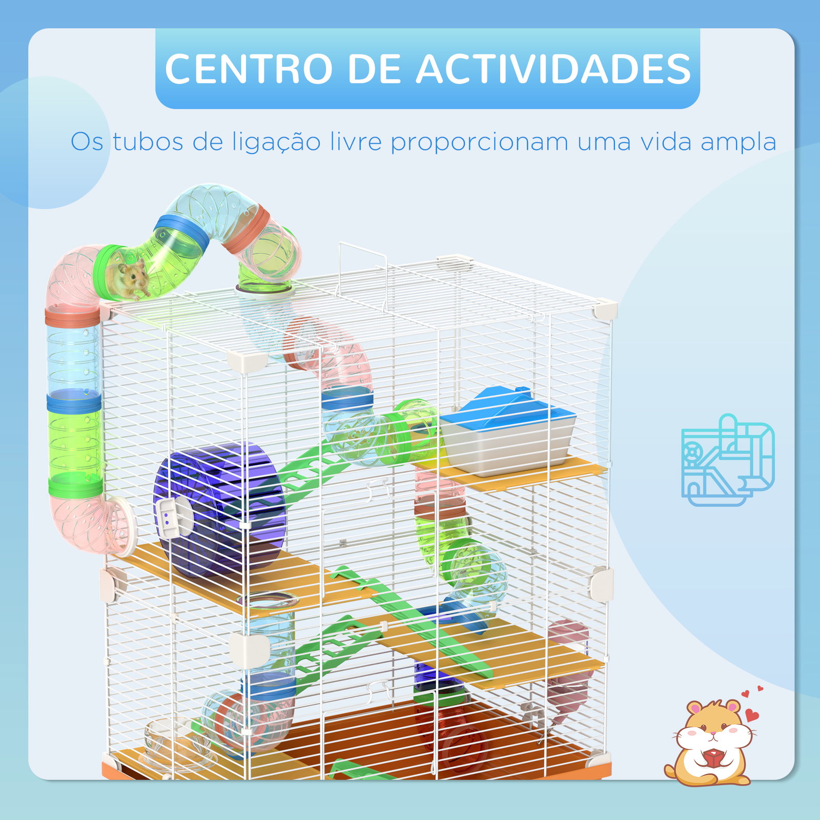 Gaiola para hamster gaiola para pequenos roedores com túnel comedouro bebedouro casa rampas e roda de exercício 46x30x58 cm laranja