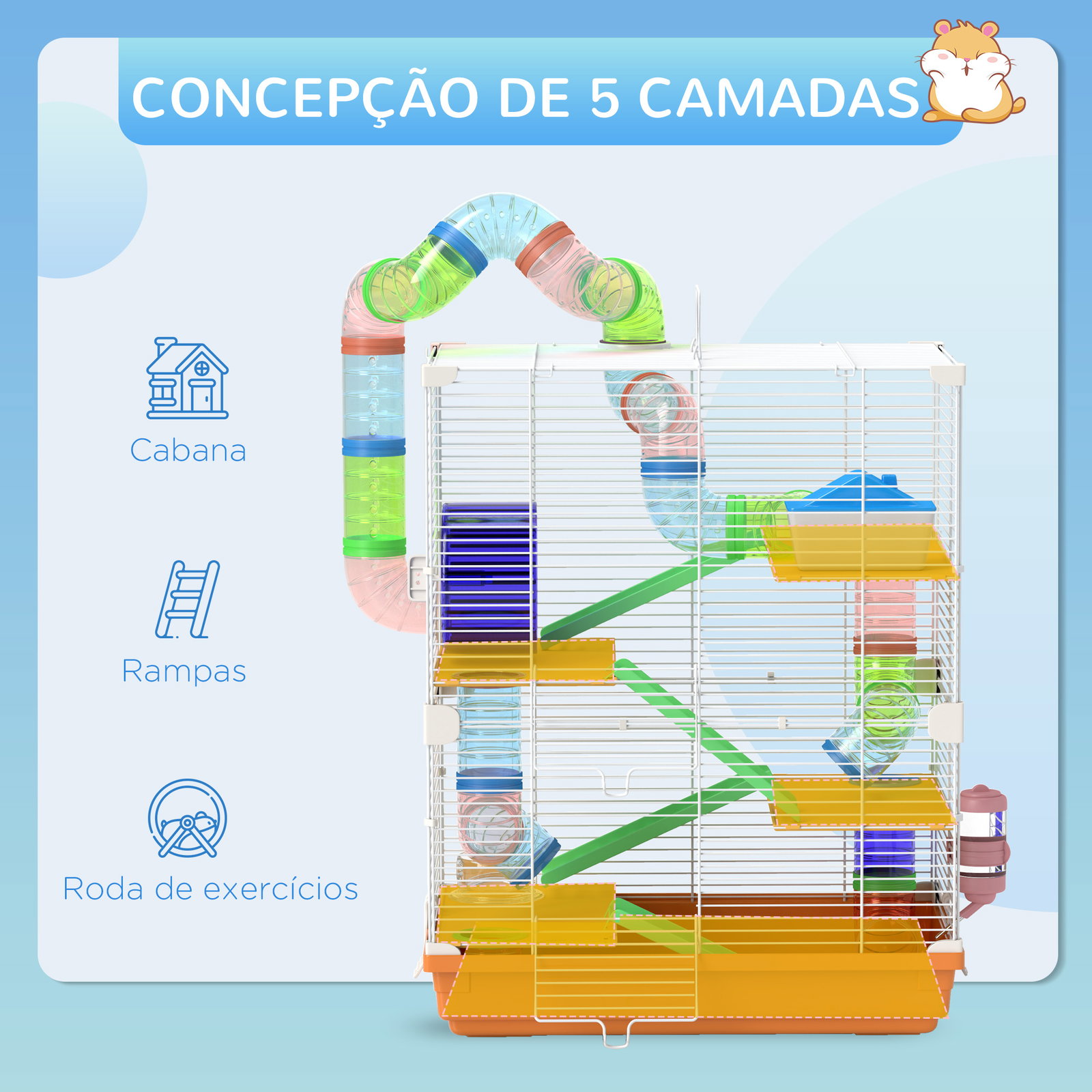 Gaiola para hamster gaiola para pequenos roedores com túnel comedouro bebedouro casa rampas e roda de exercício 46x30x58 cm laranja