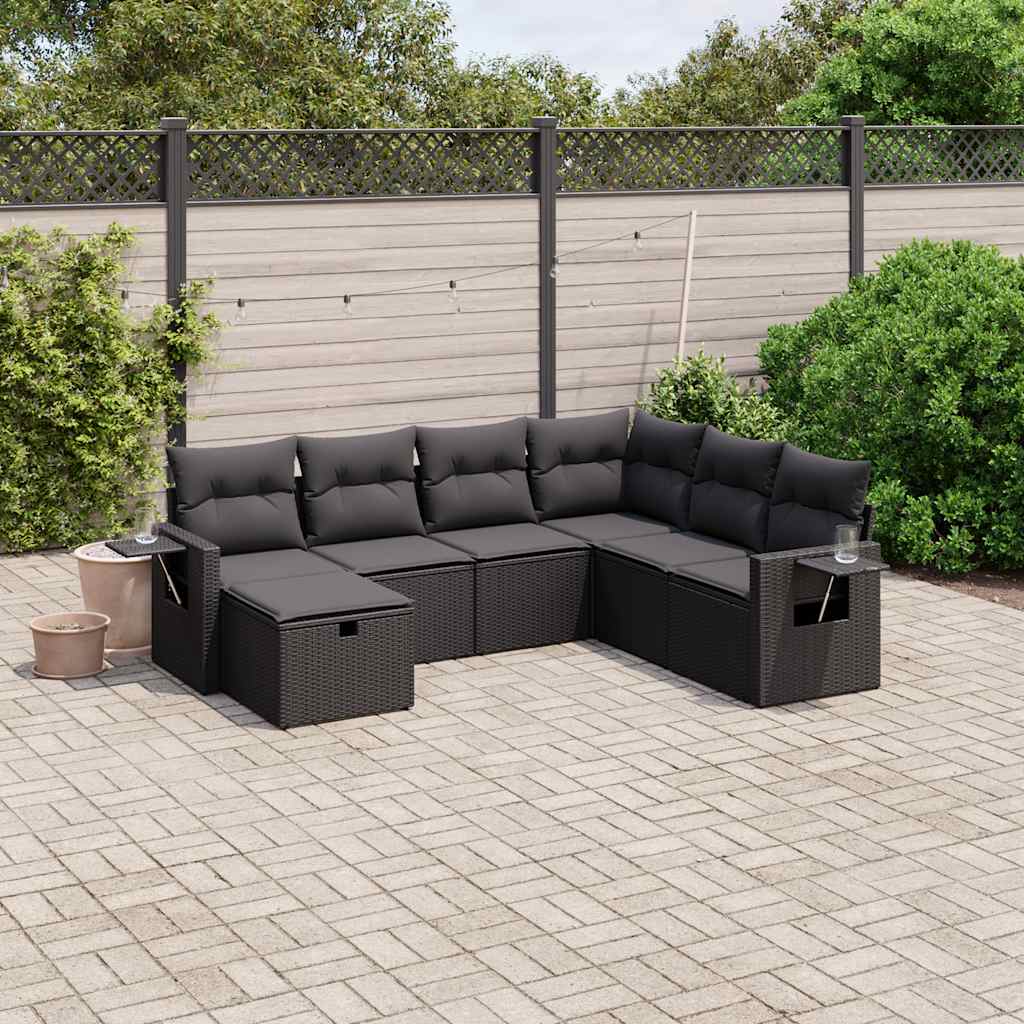 7 Pcs conjunto de sofás p/ jardim c/ almofadões vime PE preto
