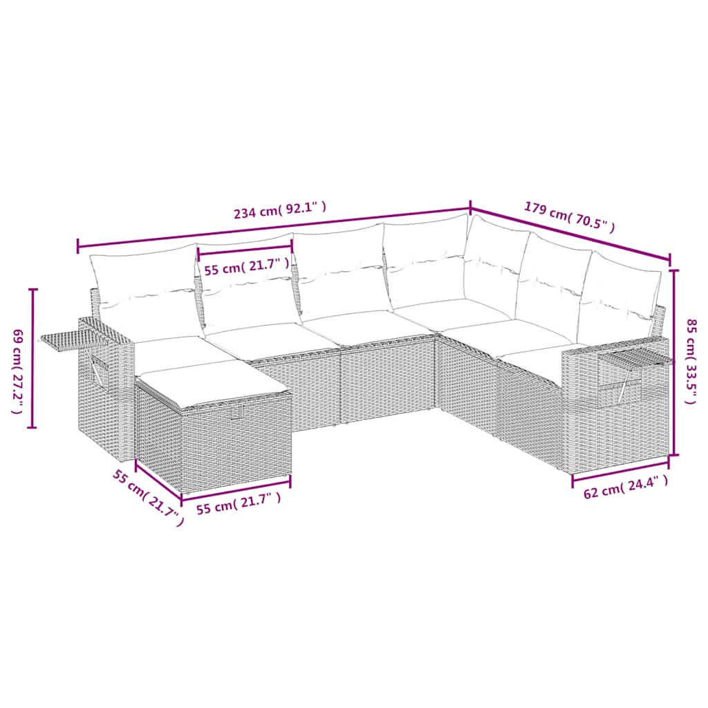7 Pcs conjunto de sofás p/ jardim c/ almofadões vime PE preto