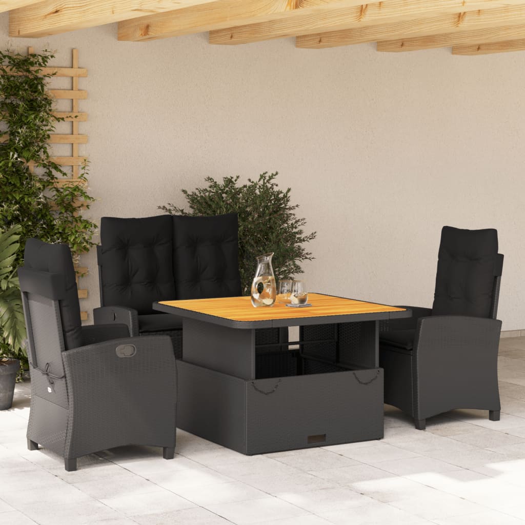 4 Pcs conjunto de jardim p/ jardim c/ almofadões vime PE preto
