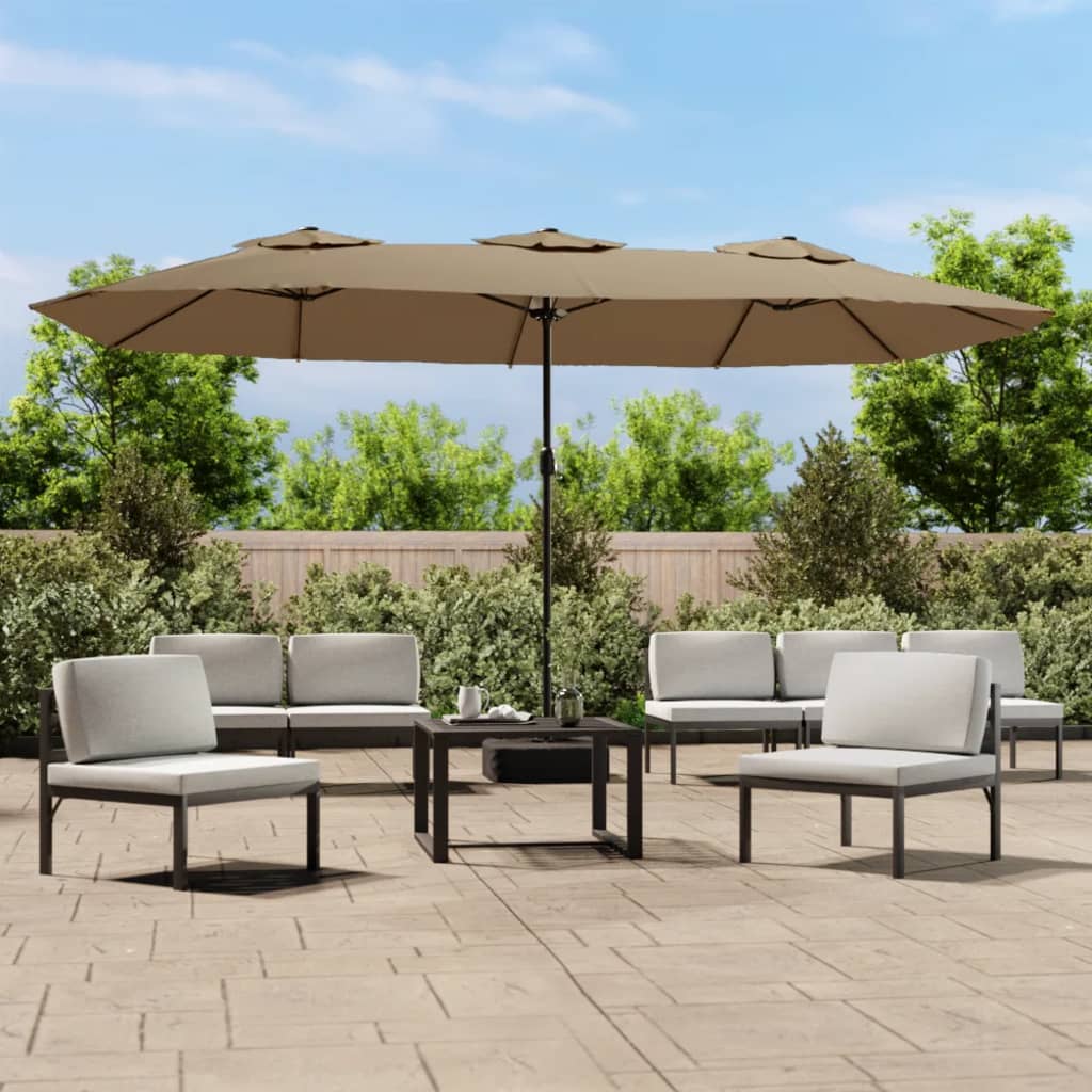 Guarda-sol de jardim cabeça dupla/LED 449x265cm cinza-acastanho