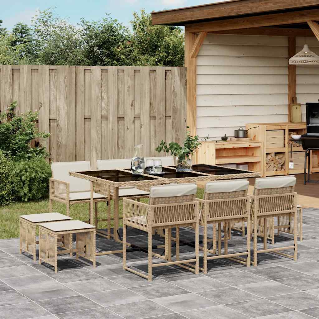 11 Pcs conjunto de jantar p/ jardim com almofadões vime PE bege