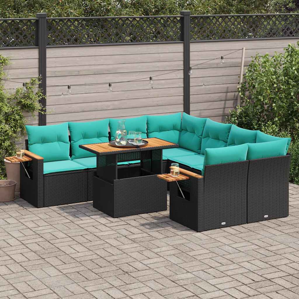 9 Pcs conjunto de sofás p/ jardim c/ almofadões vime PE preto