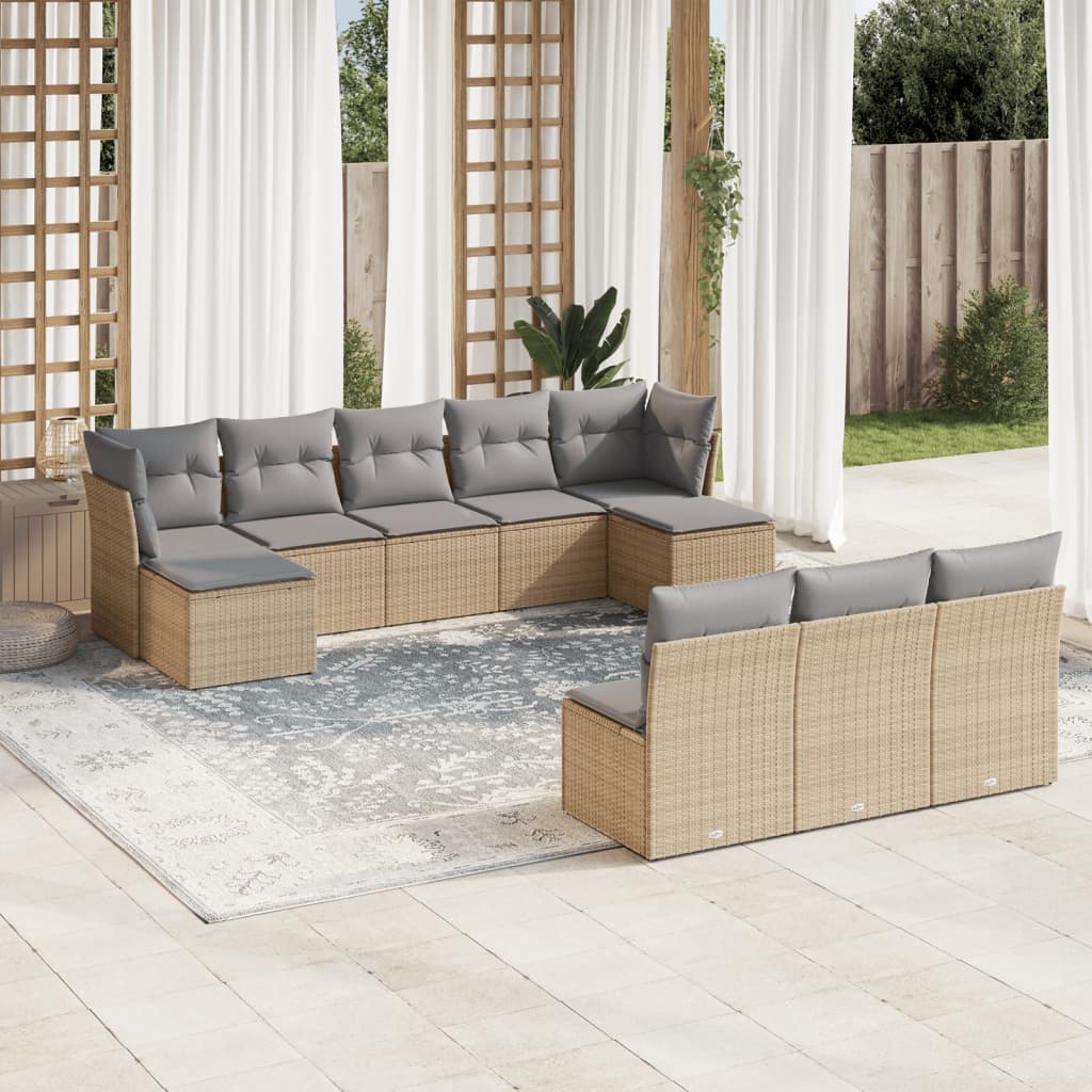 10 Pcs conjunto de sofás p/ jardim com almofadões vime PE bege